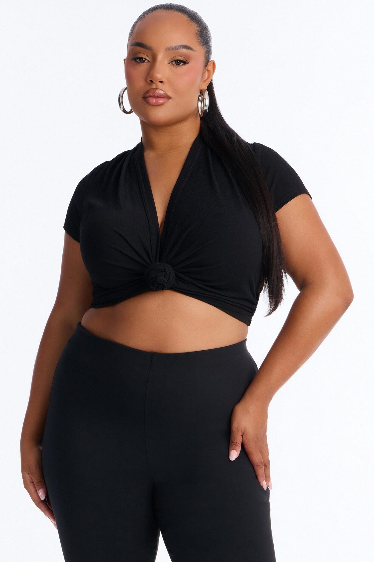 Selena Textured Knot Short Sleeve Top - Black