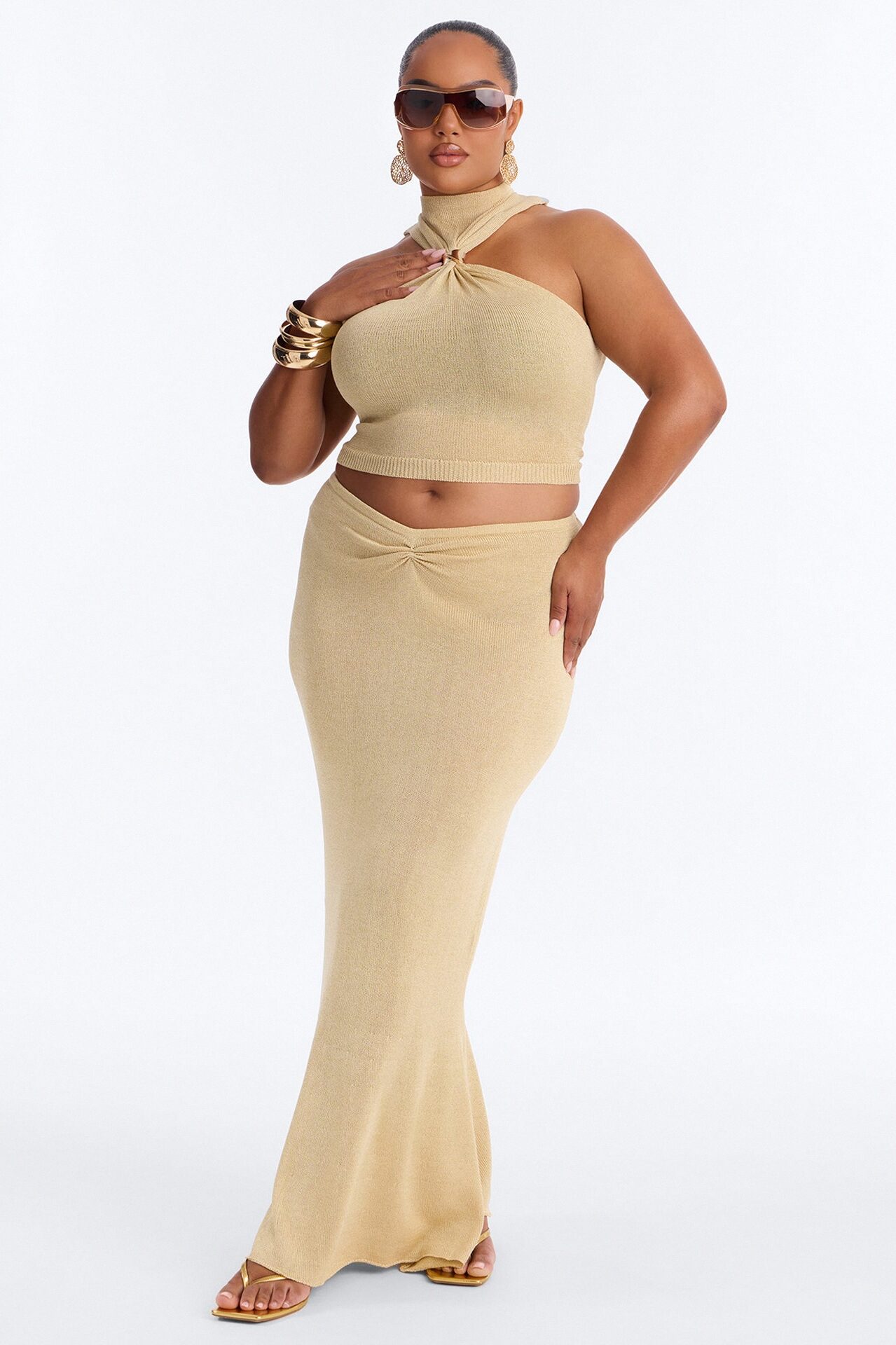 Sunset Ready Metallic Knit Maxi Skirt Set - Gold