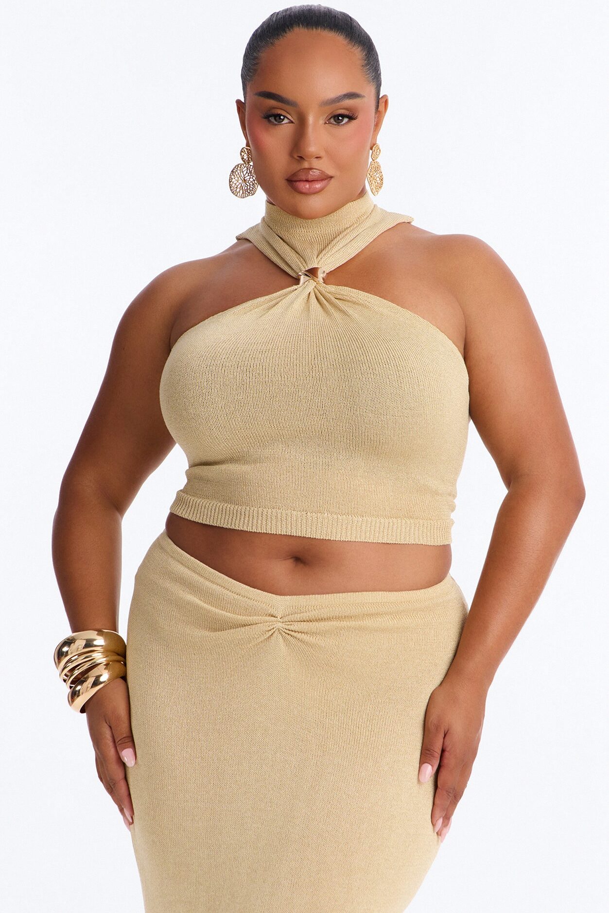 Sunset Ready Metallic Knit Maxi Skirt Set - Gold