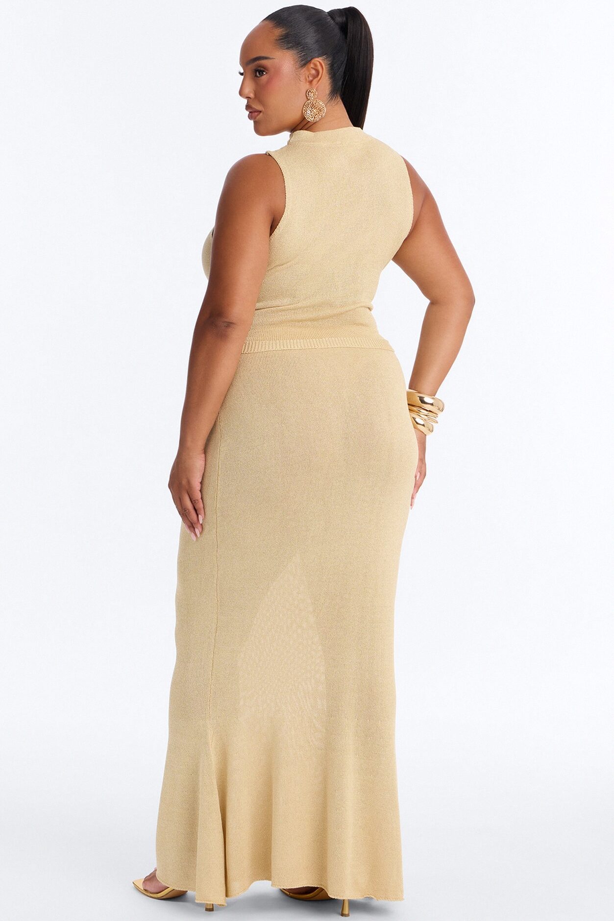 Sunset Ready Metallic Knit Maxi Skirt Set - Gold