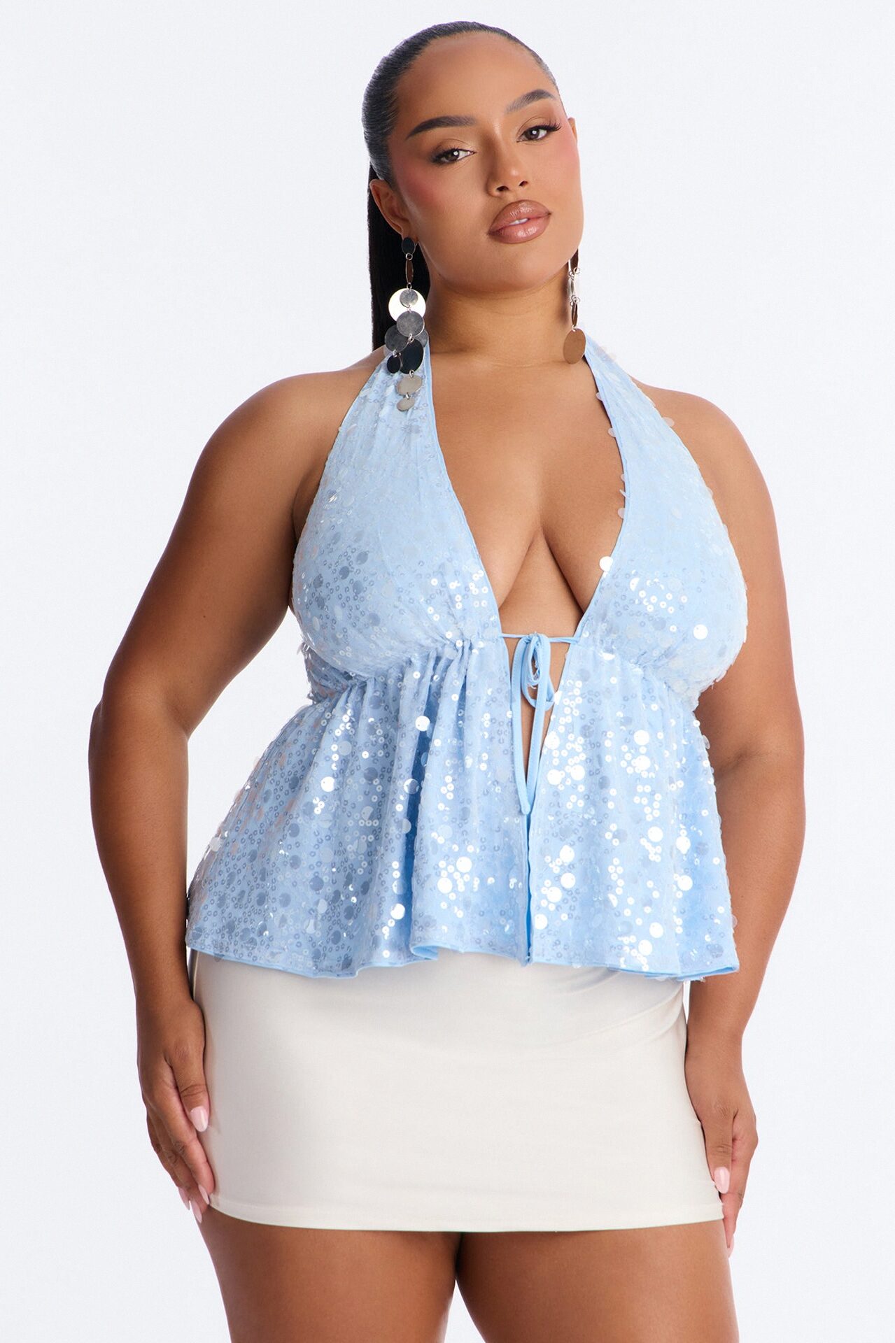 Cerafina Sequin Halter Flyaway Top - SkyBlue
