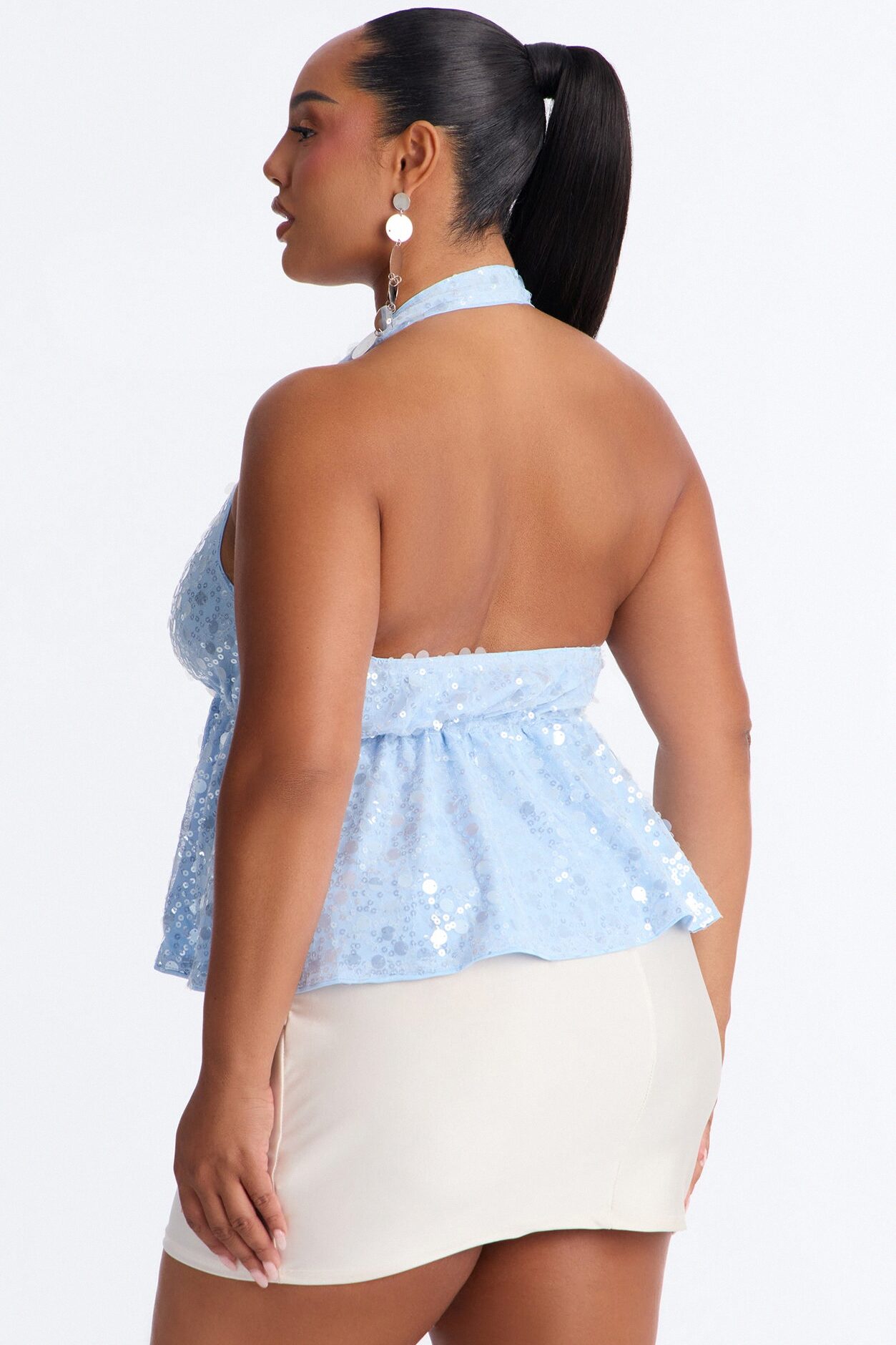 Cerafina Sequin Halter Flyaway Top - SkyBlue