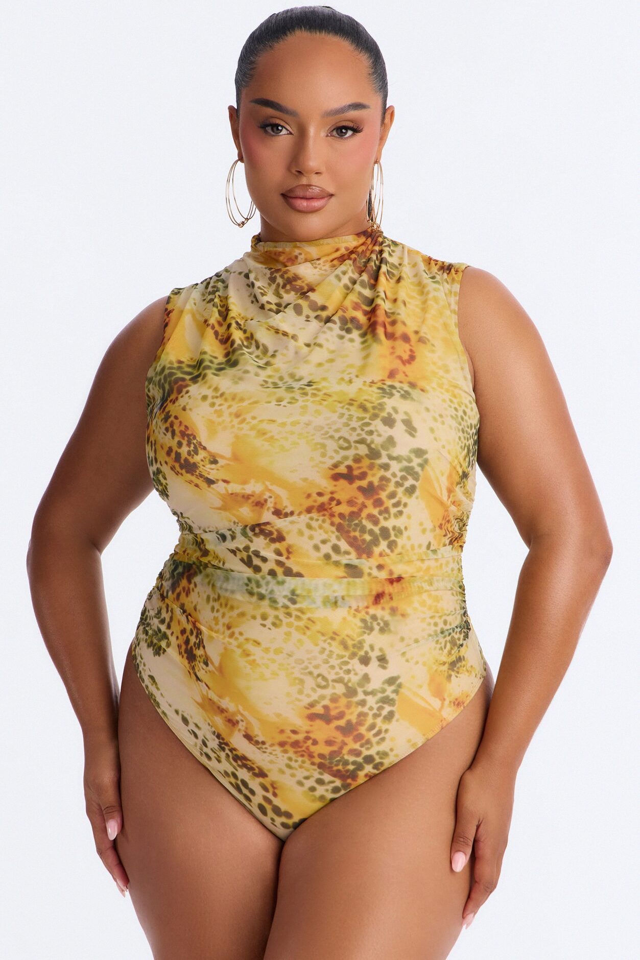 Hunt Me Down Ruched Sleeveless Mesh Bodysuit - Yellow/combo