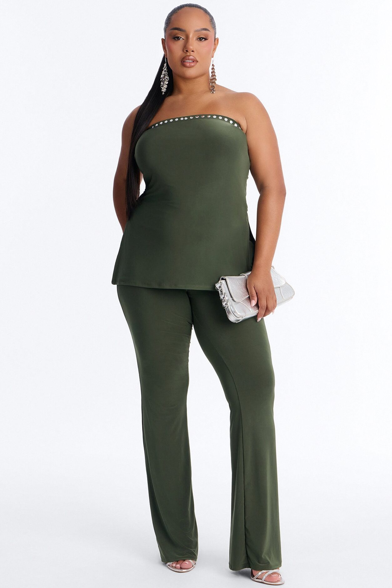 Jemma Strapless Studded Pant Set - Olive