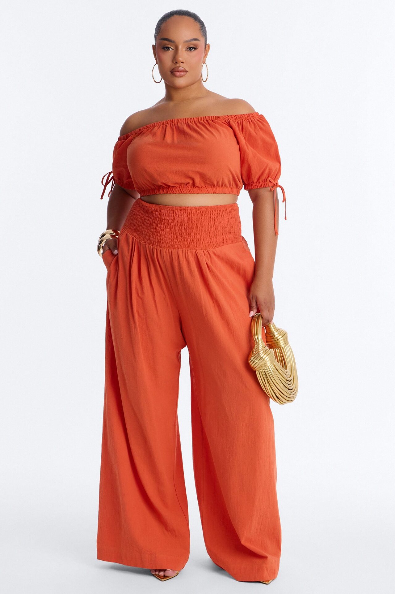 Chrissie Linen Smocked Pant Set - Orange