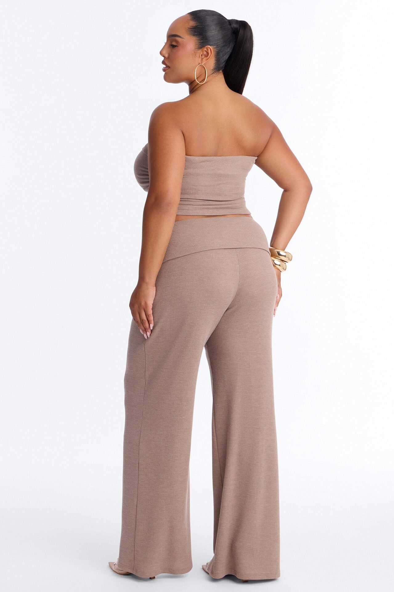 Megan Waffle Knit Foldover Waist Pant Set - Mocha
