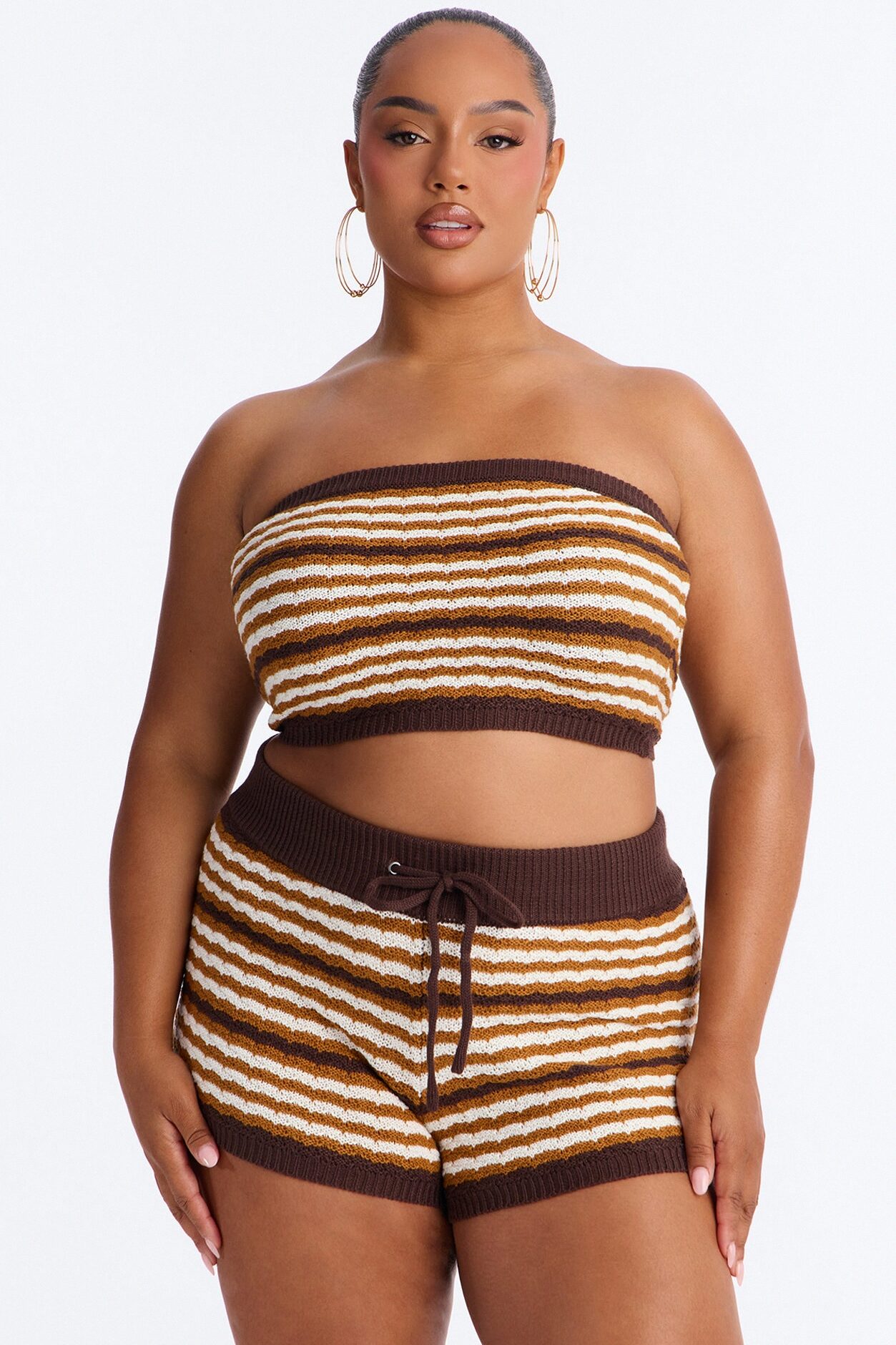 Beth Striped Crochet Short Set - Brown/combo