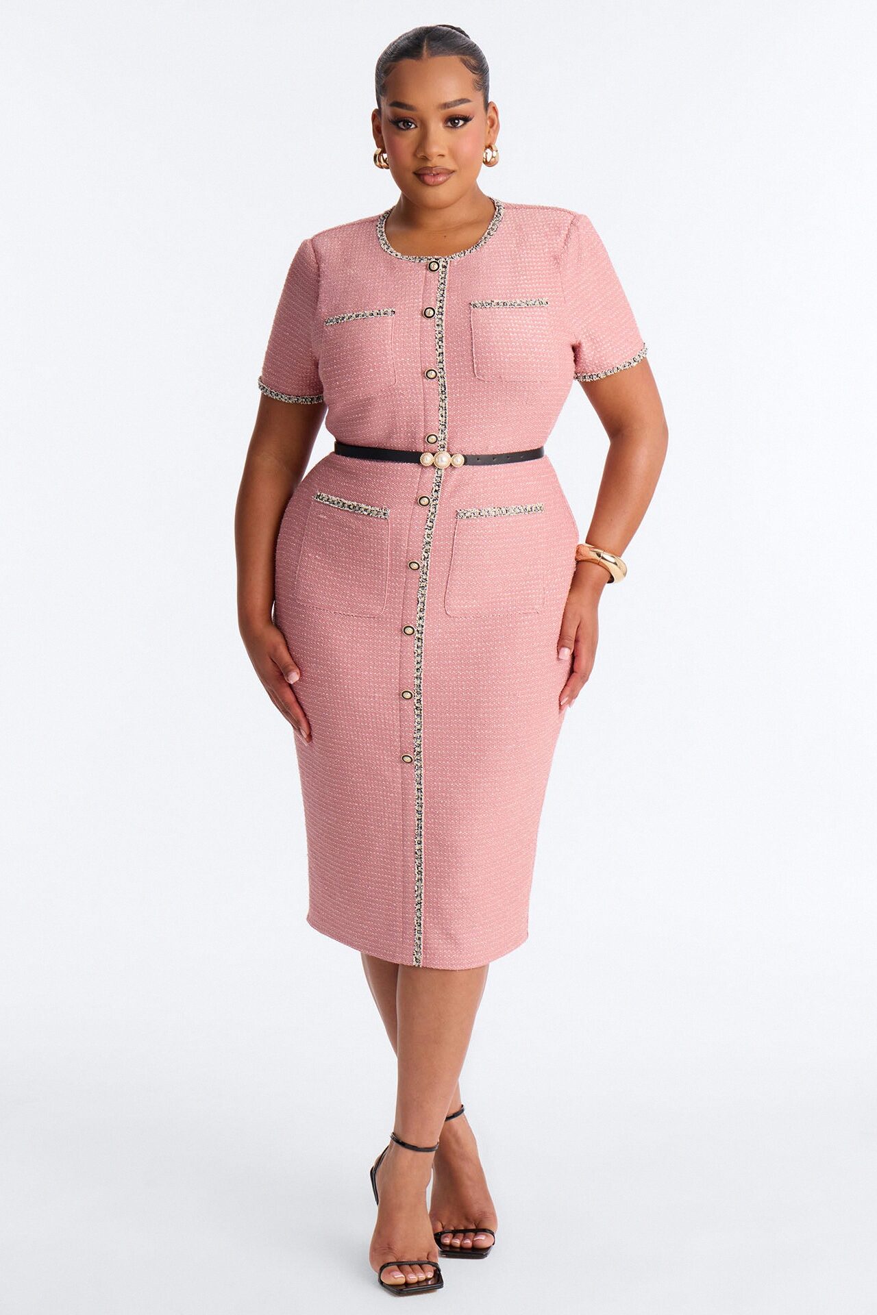 Monique Short Sleeve Tweed Midi Dress - Rose