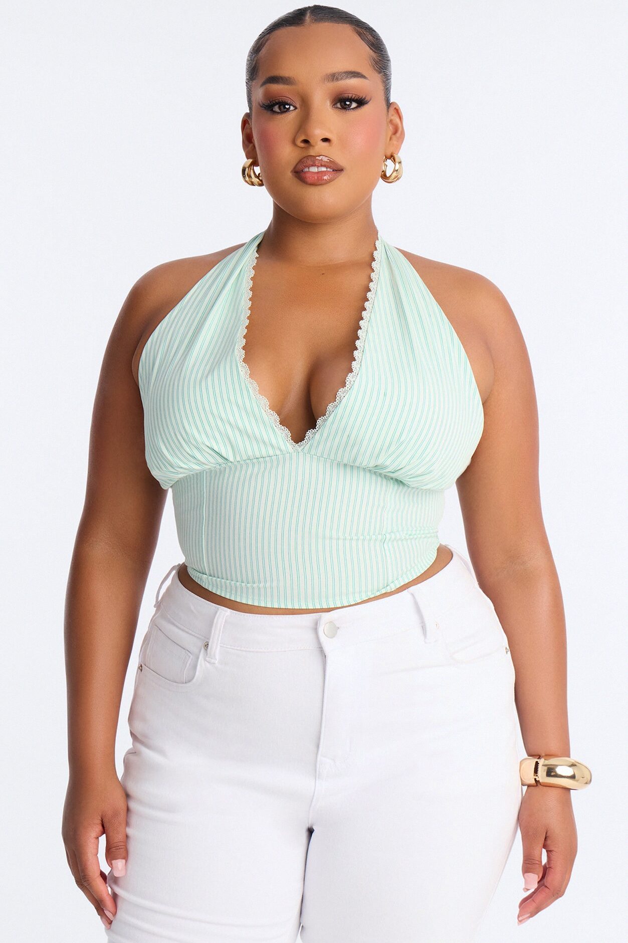 Daniella Lace Trim Poplin Striped Halter Top - Green/combo