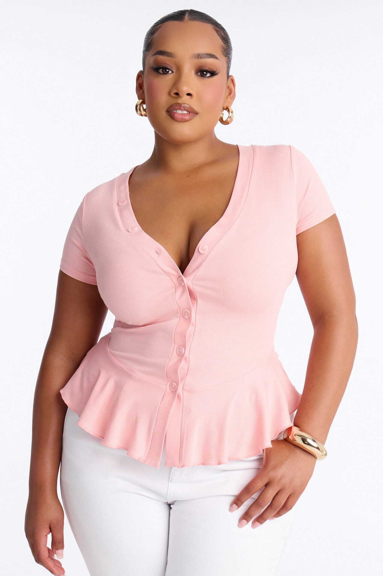 Arrow Short Sleeve Button Up Top - Pink