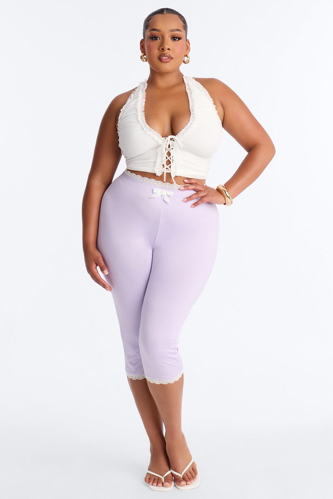 Valentina Solid Lace Trim Capri Legging - Lilac