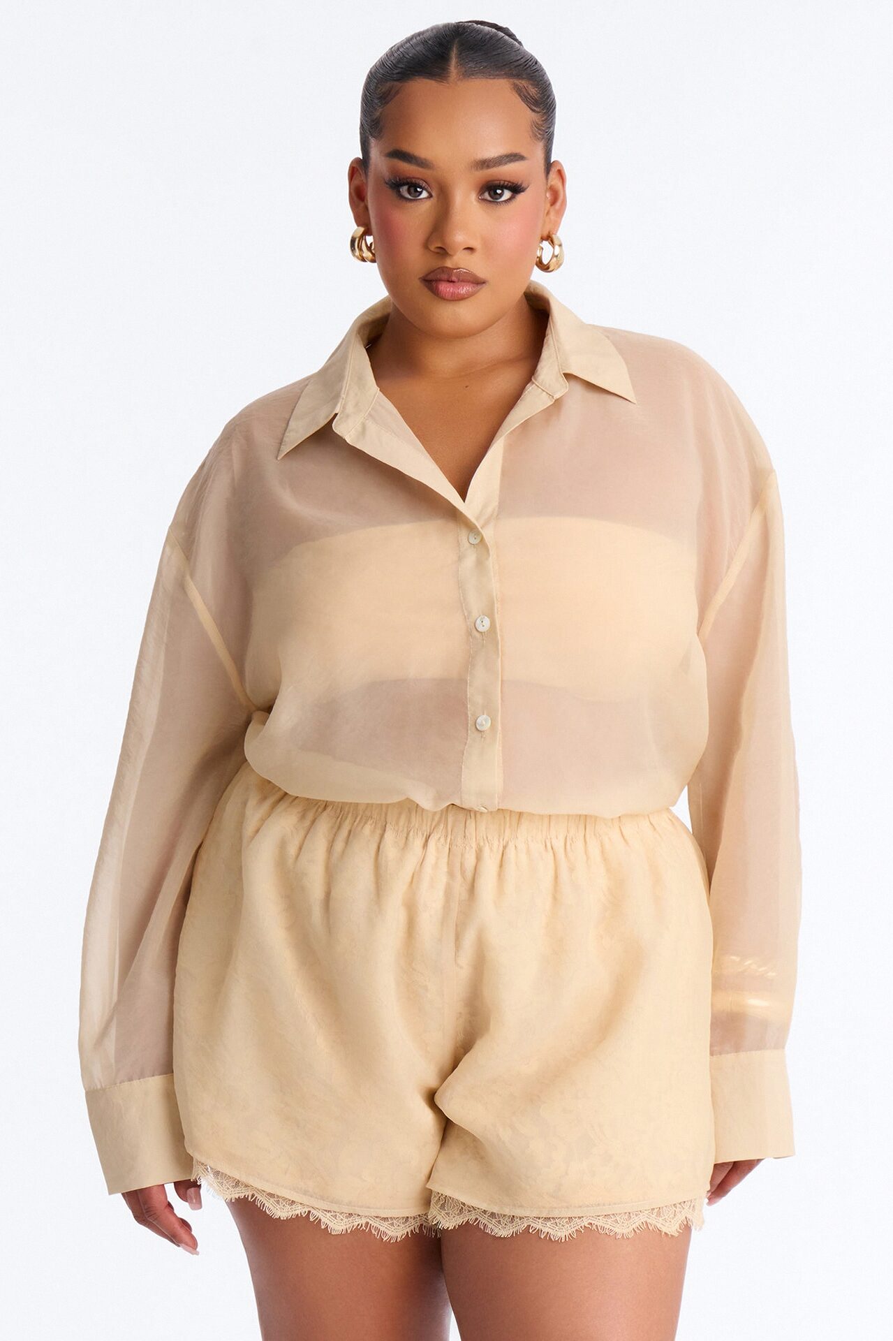 Chiffon Chic Lace Detail Short Set - Cream