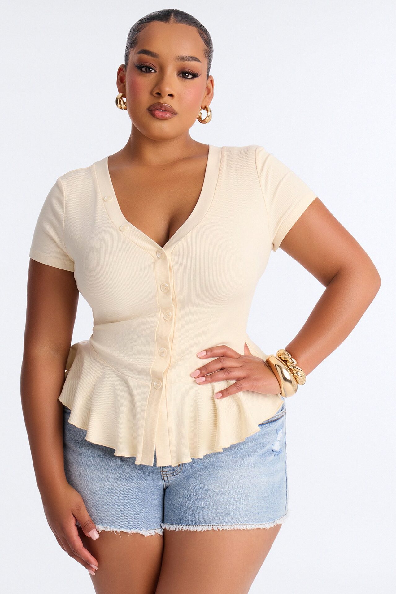 Arrow Short Sleeve Button Up Top - Ivory