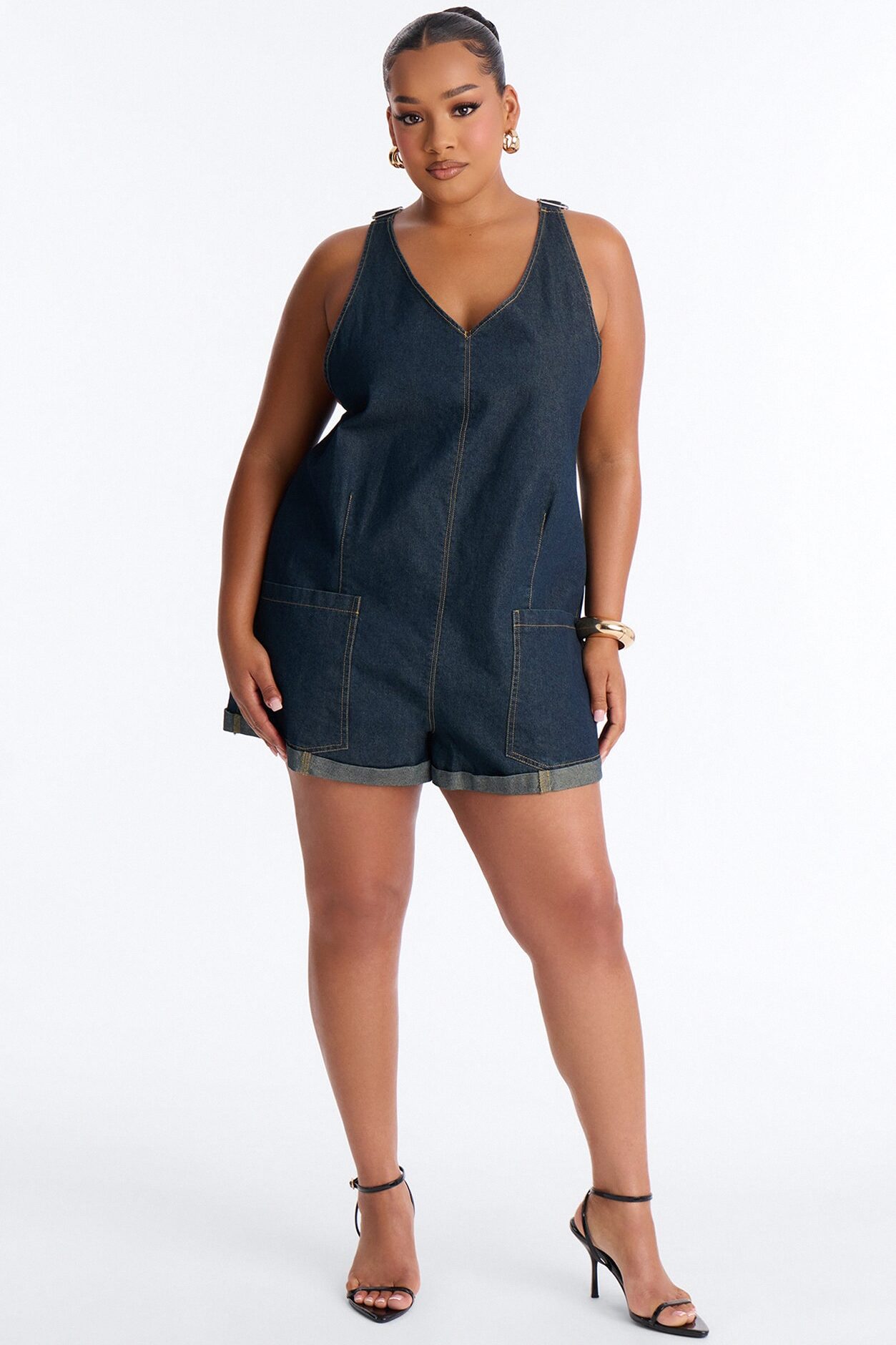 Janie Low Back Denim Romper - Dark Denim