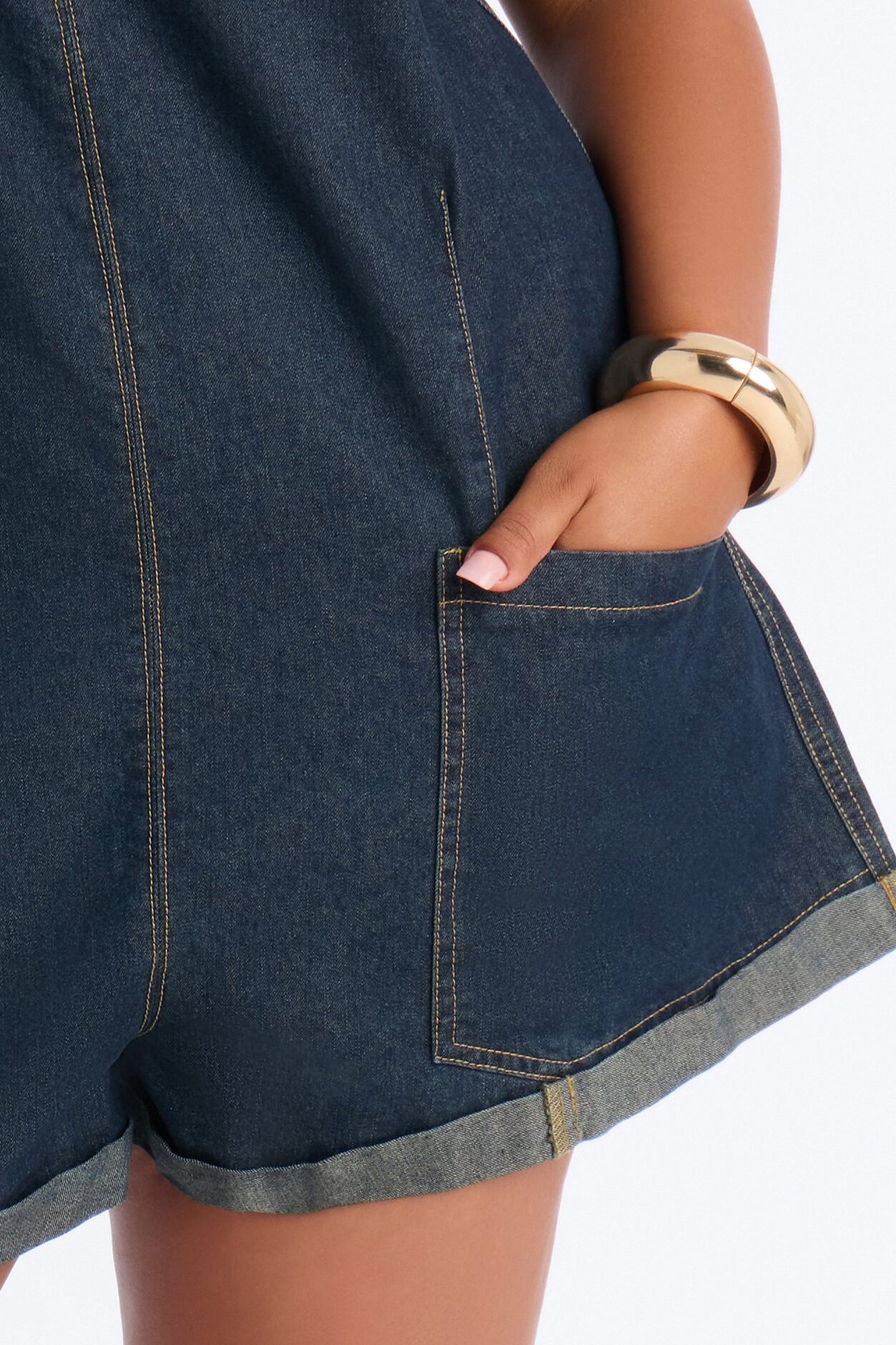 Janie Low Back Denim Romper - Dark Denim