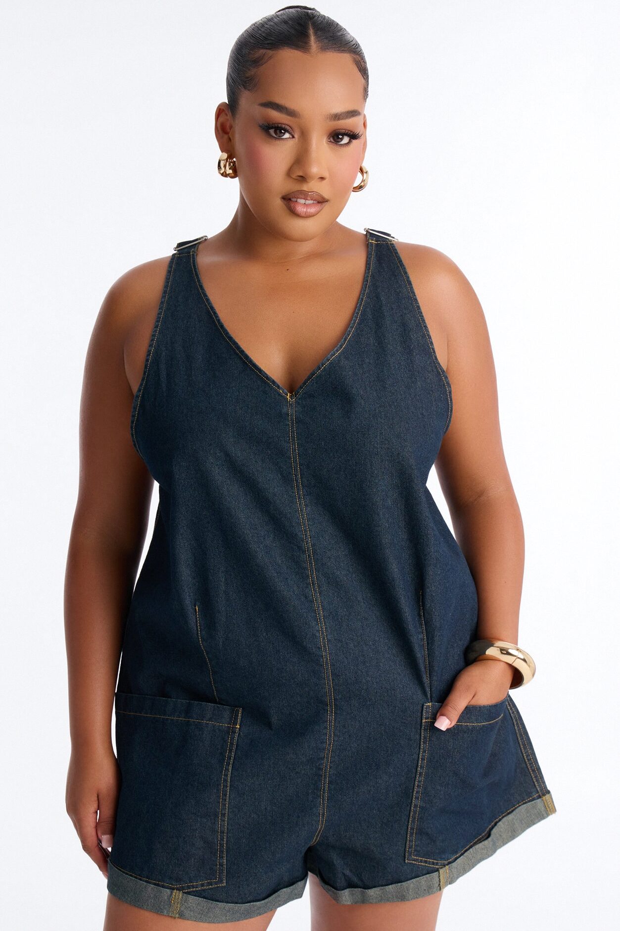 Janie Low Back Denim Romper - Dark Denim