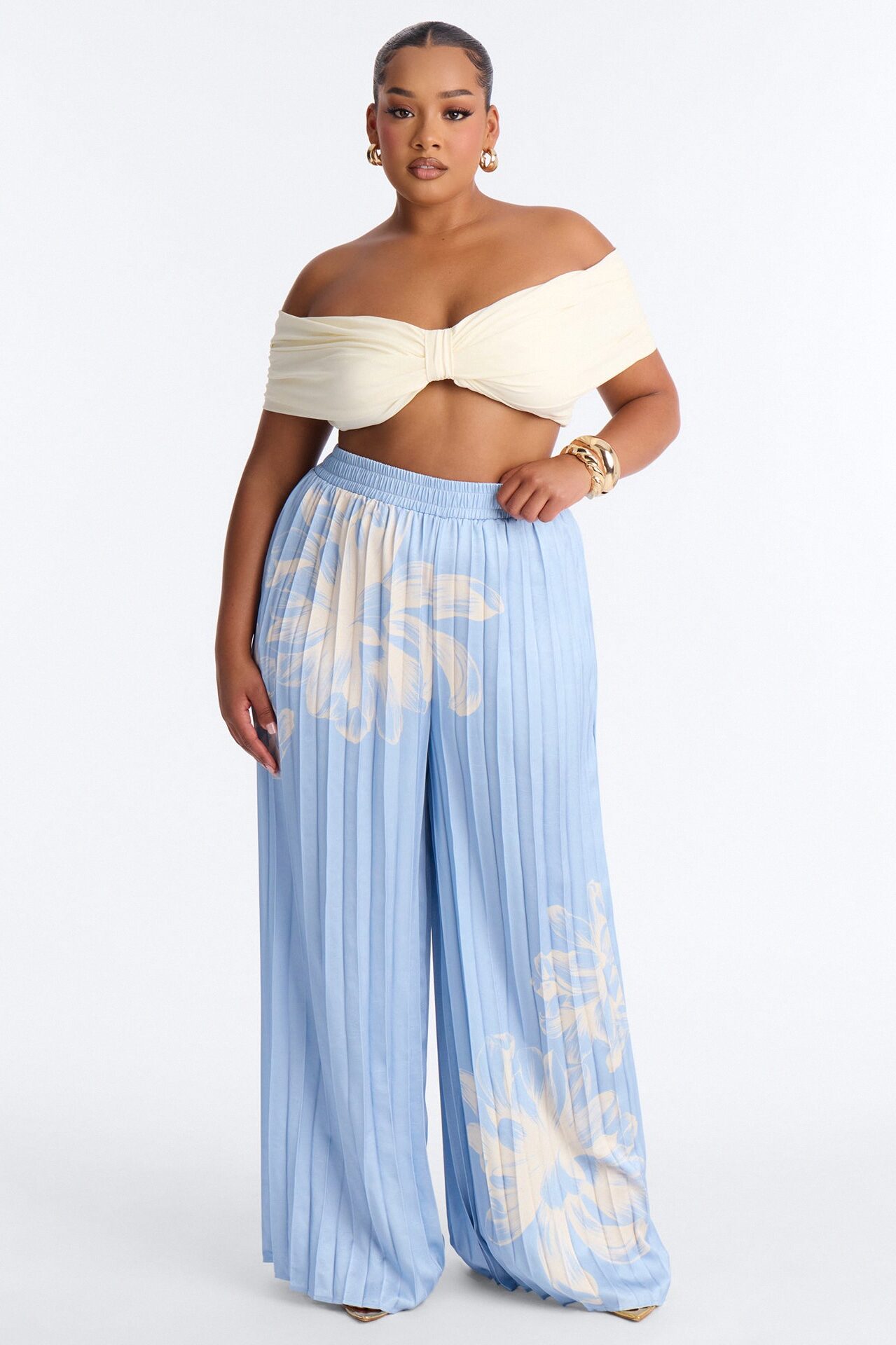 Let's Go Babe Satin Printed Wide Leg Pant - Blue/combo