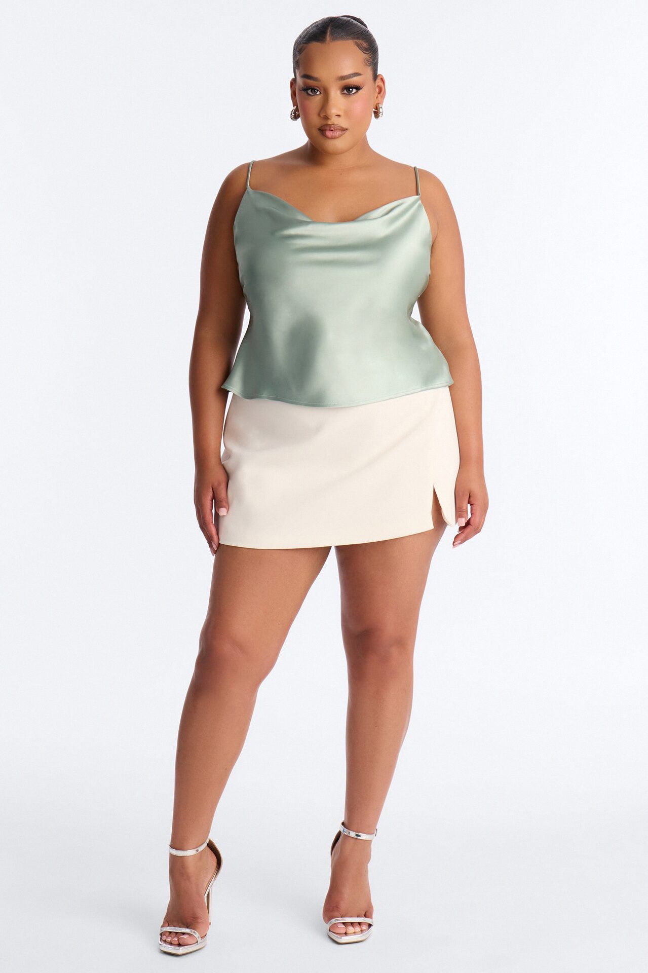Barely There Cowl Neck Satin Cami Top - Sage