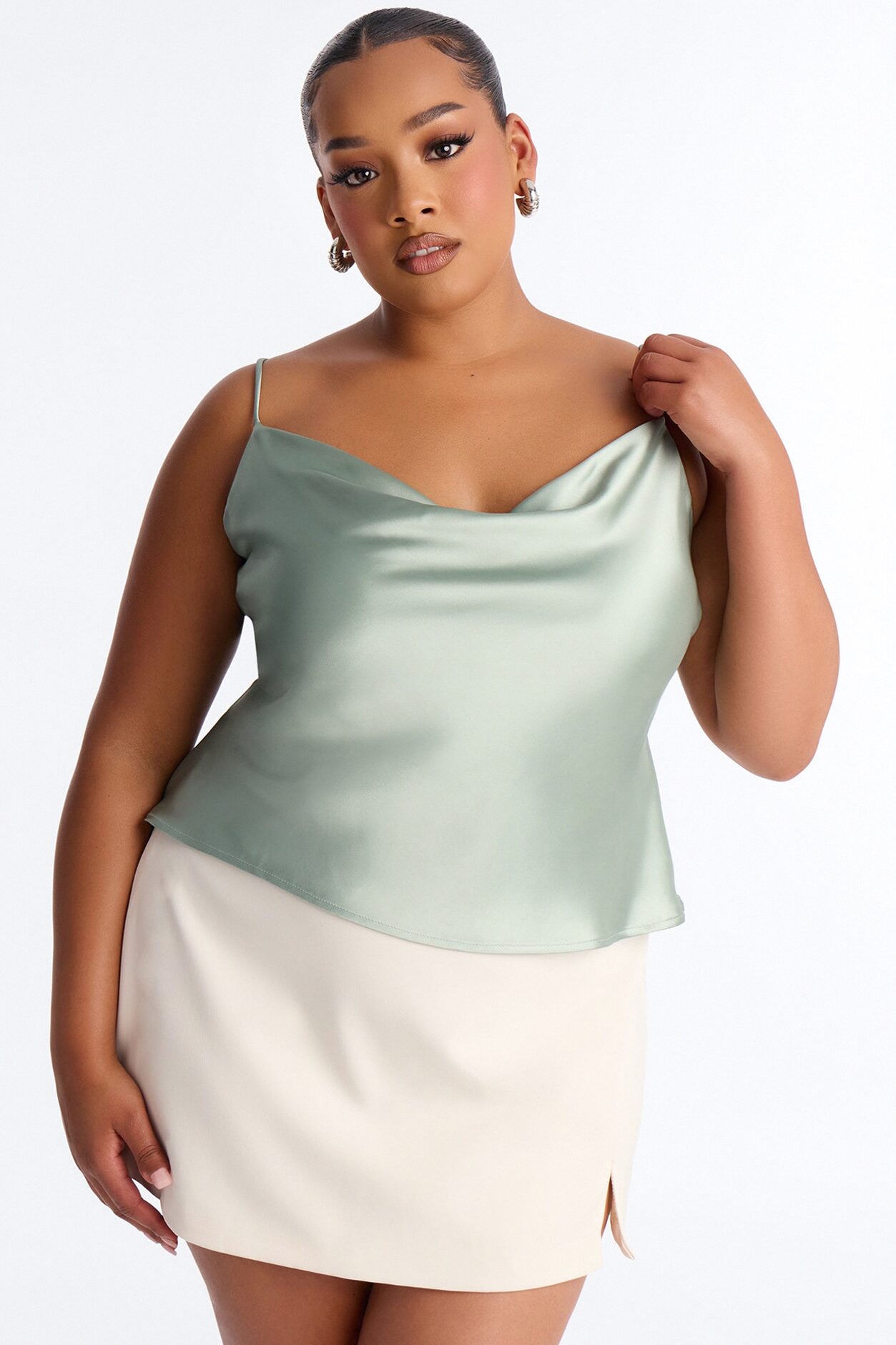 Barely There Cowl Neck Satin Cami Top - Sage
