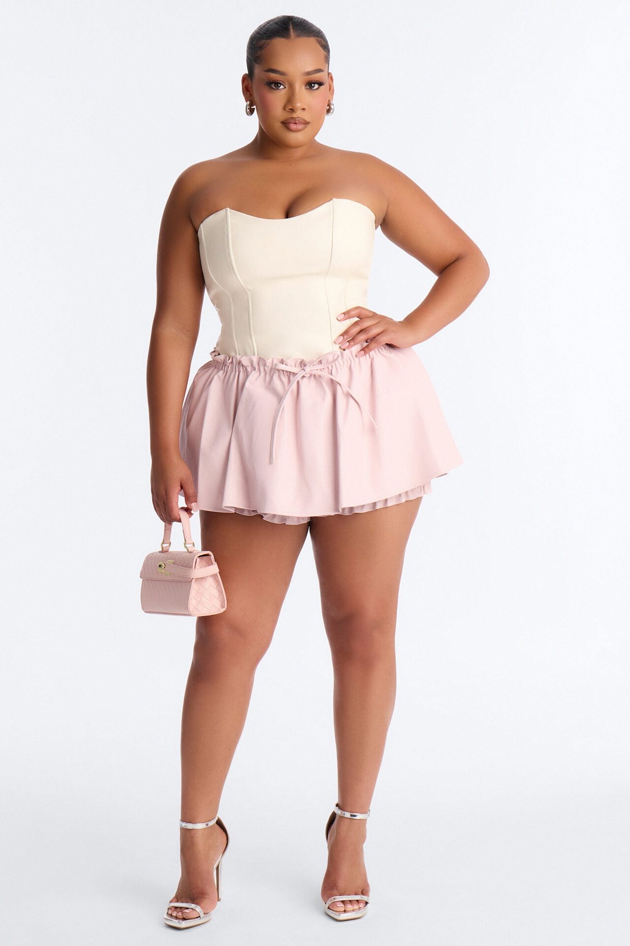 I'm A Flirt Pleated Faux Leather Peekaboo Micro Skort - Light Pink