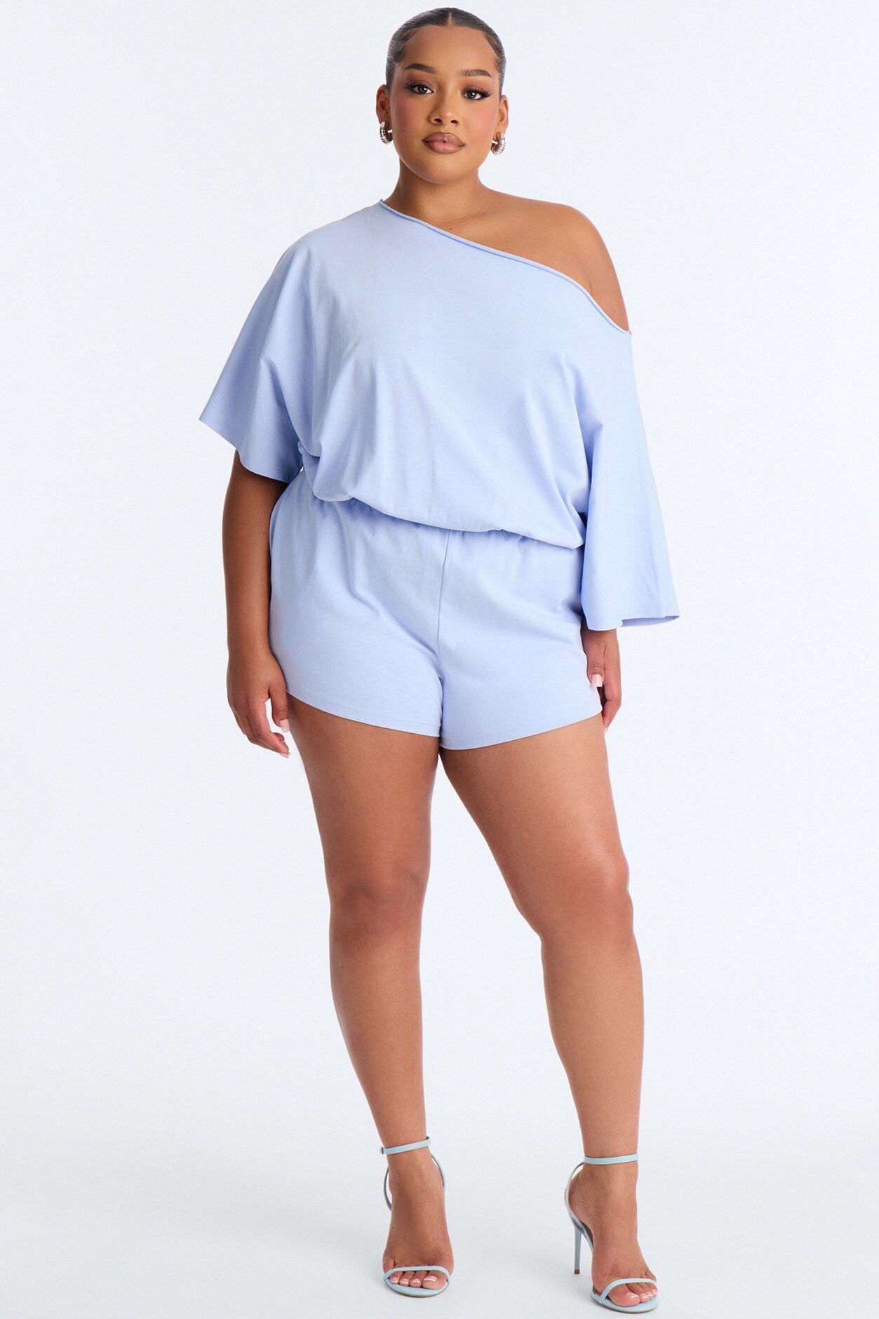 Sunday Dream Cotton Off Shoulder Romper - Dusty Blue