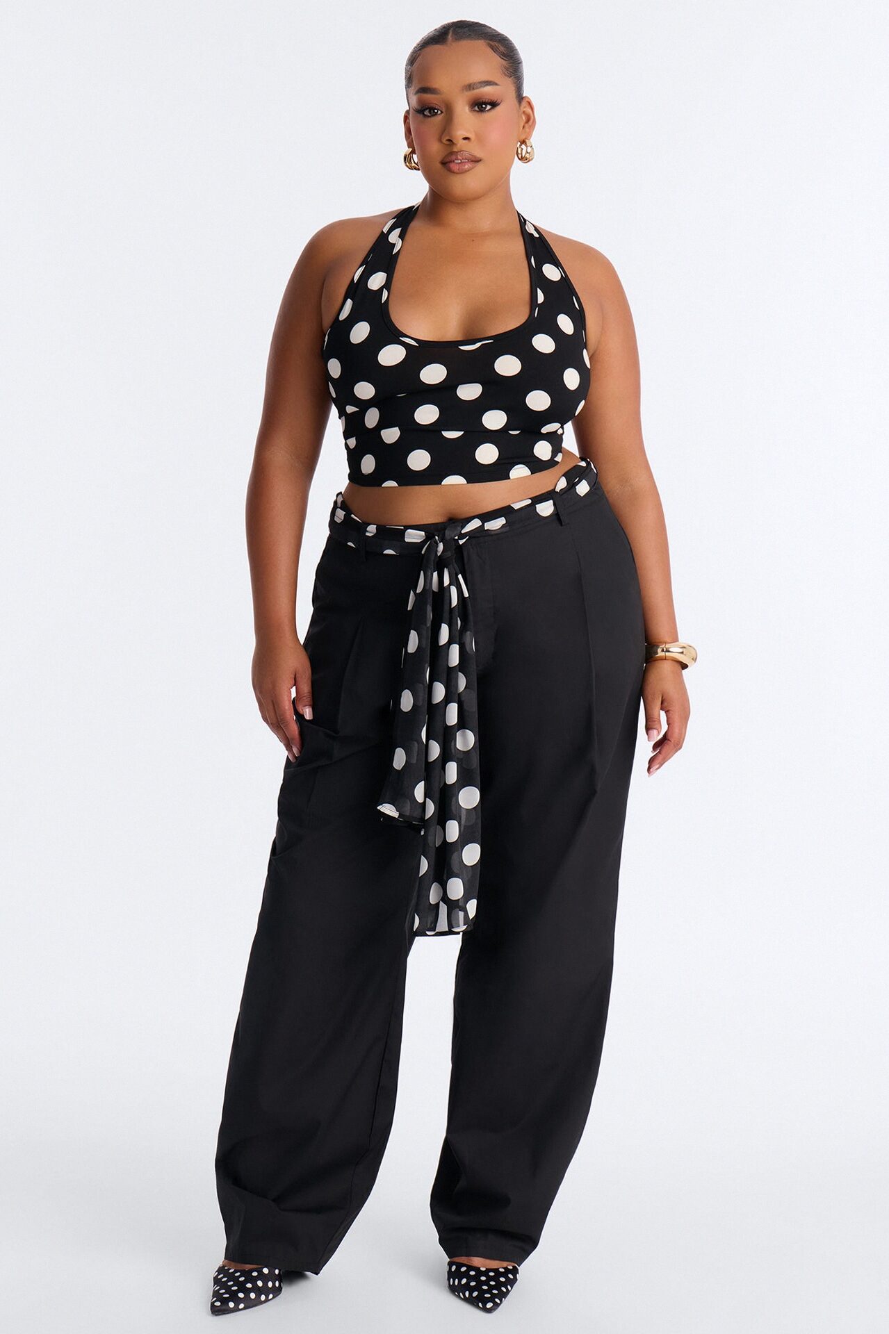 Cleo Polka Dot Belted Barrel Pant Set - Black/combo