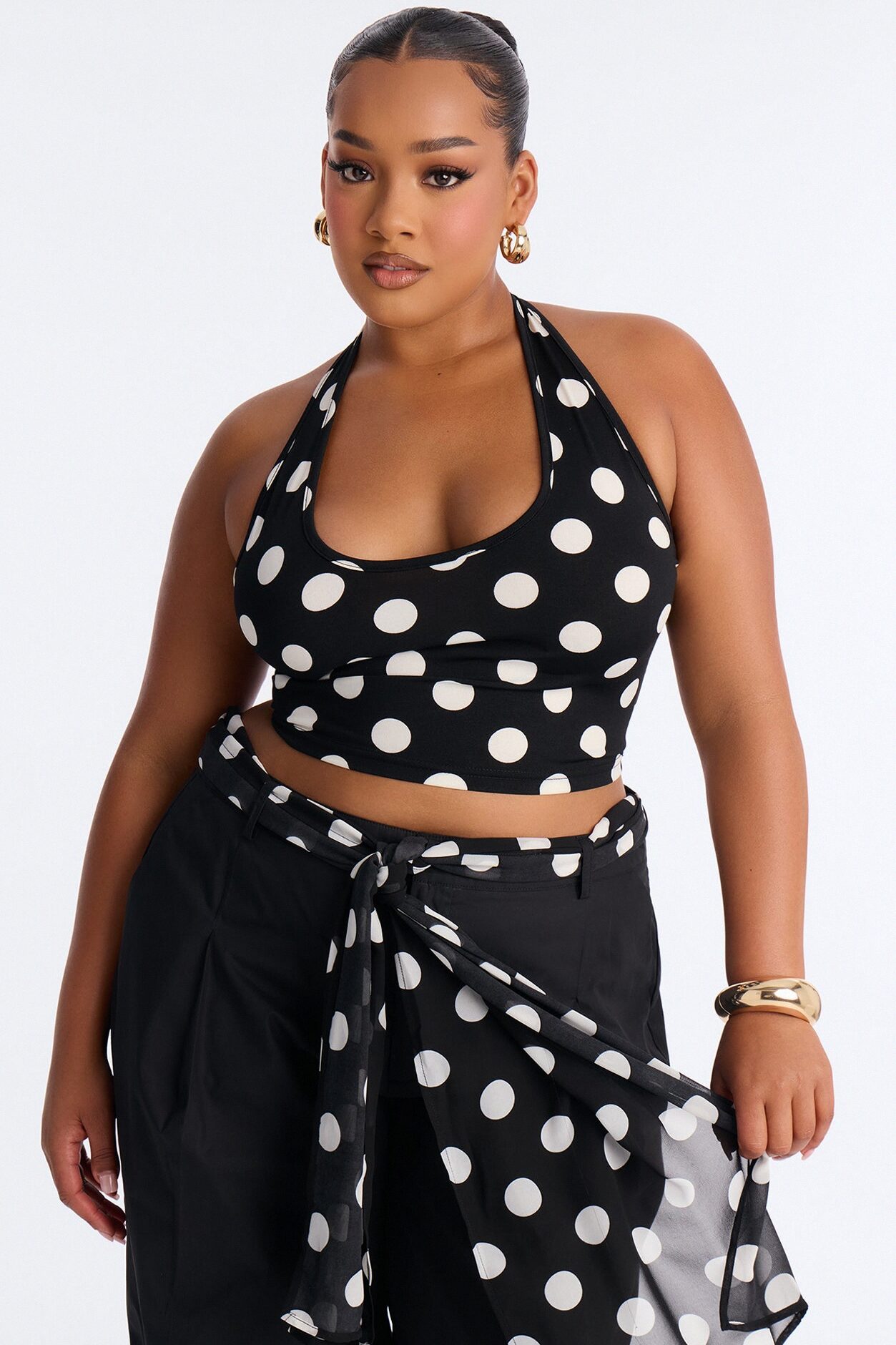 Cleo Polka Dot Belted Barrel Pant Set - Black/combo