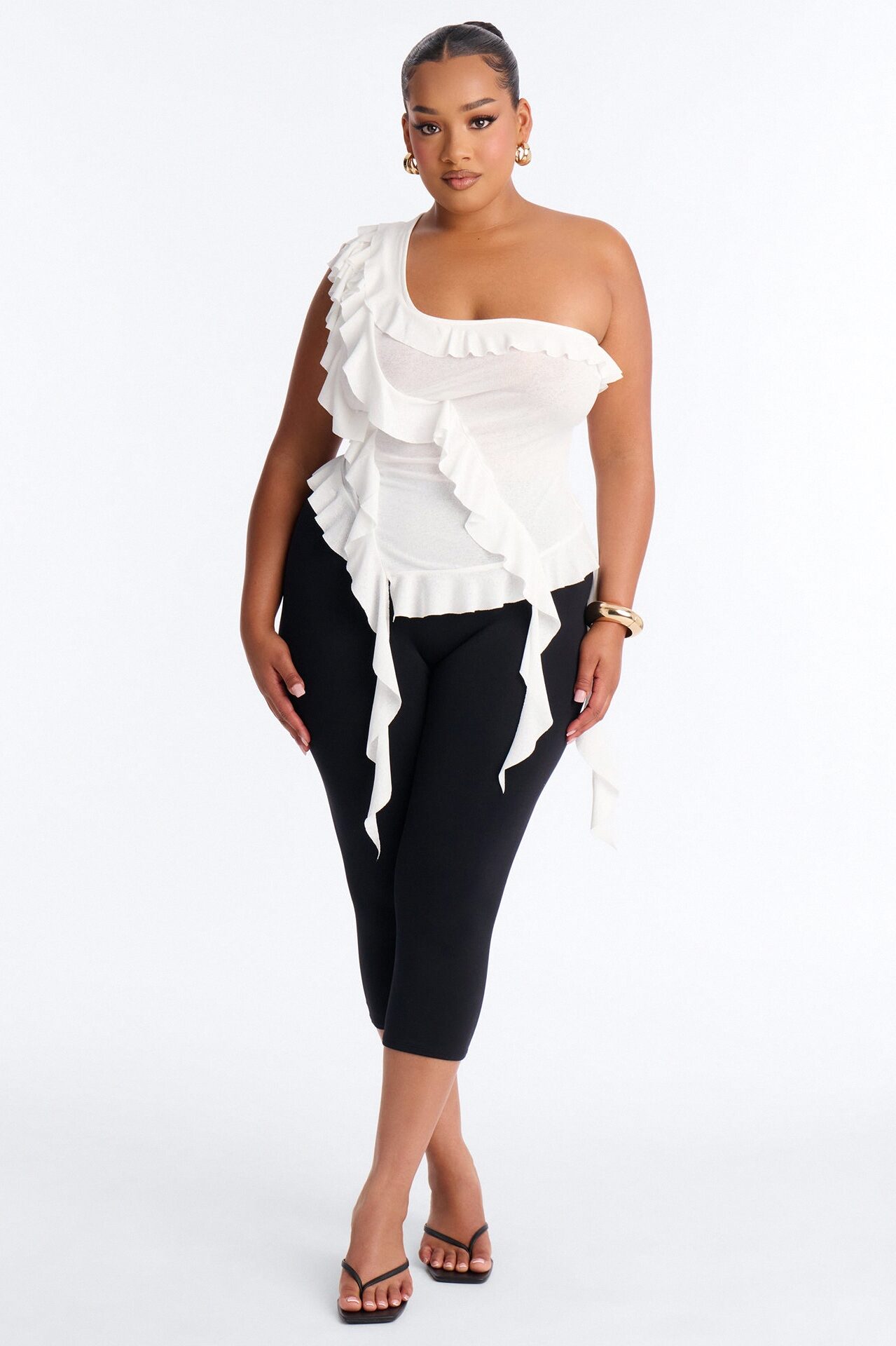 Sicily Ruffle One Shoulder Textured Top - White