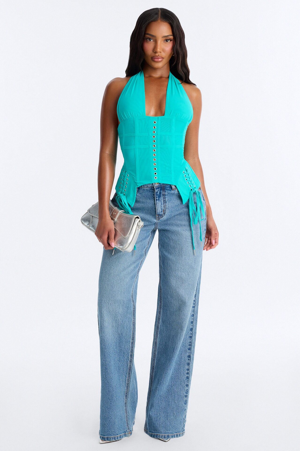 Ate Down Mesh Lace Up Corset Halter Top - Blue