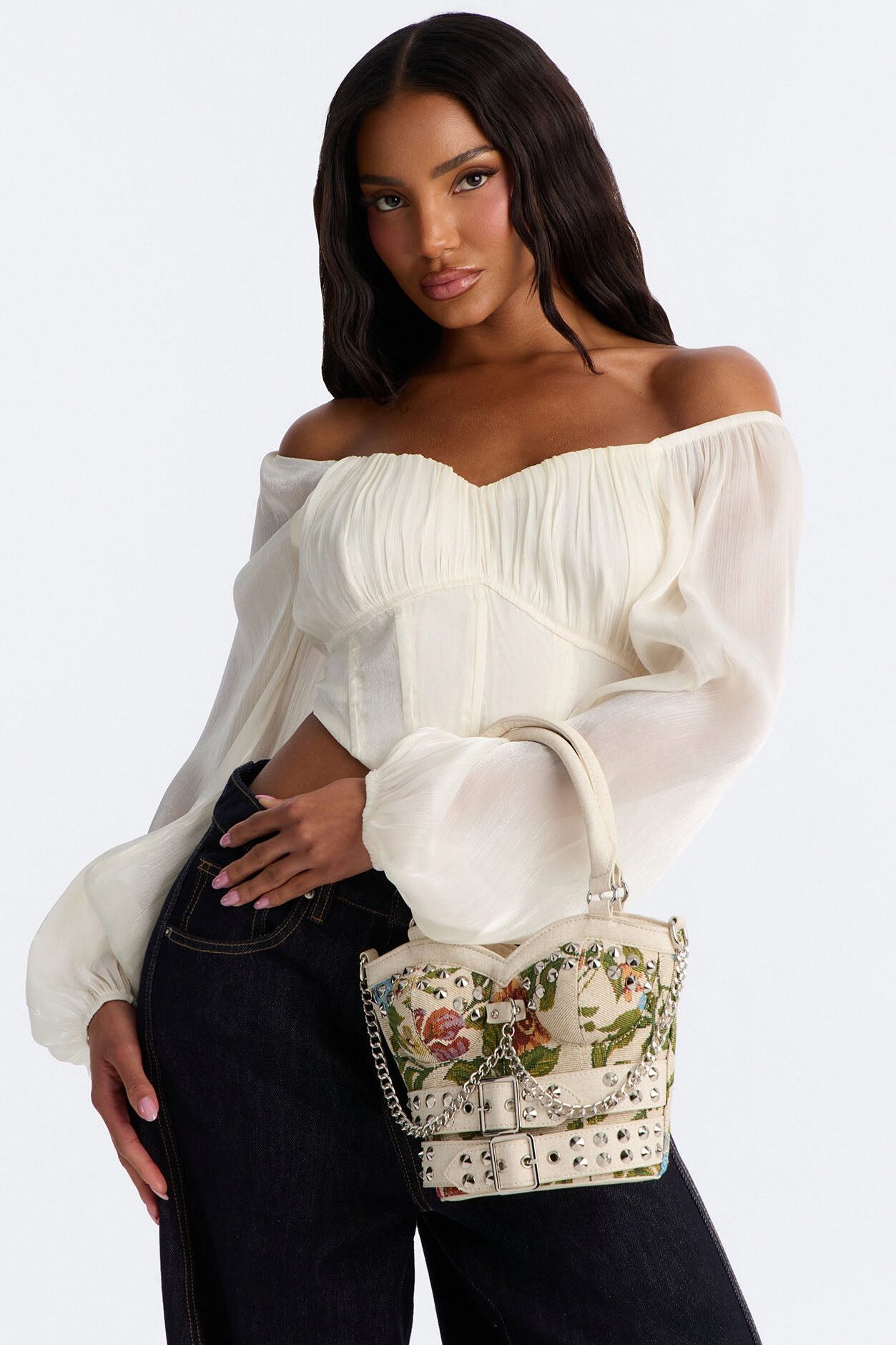 Good Graces Floral Studded Satchel Handbag - Ivory/combo
