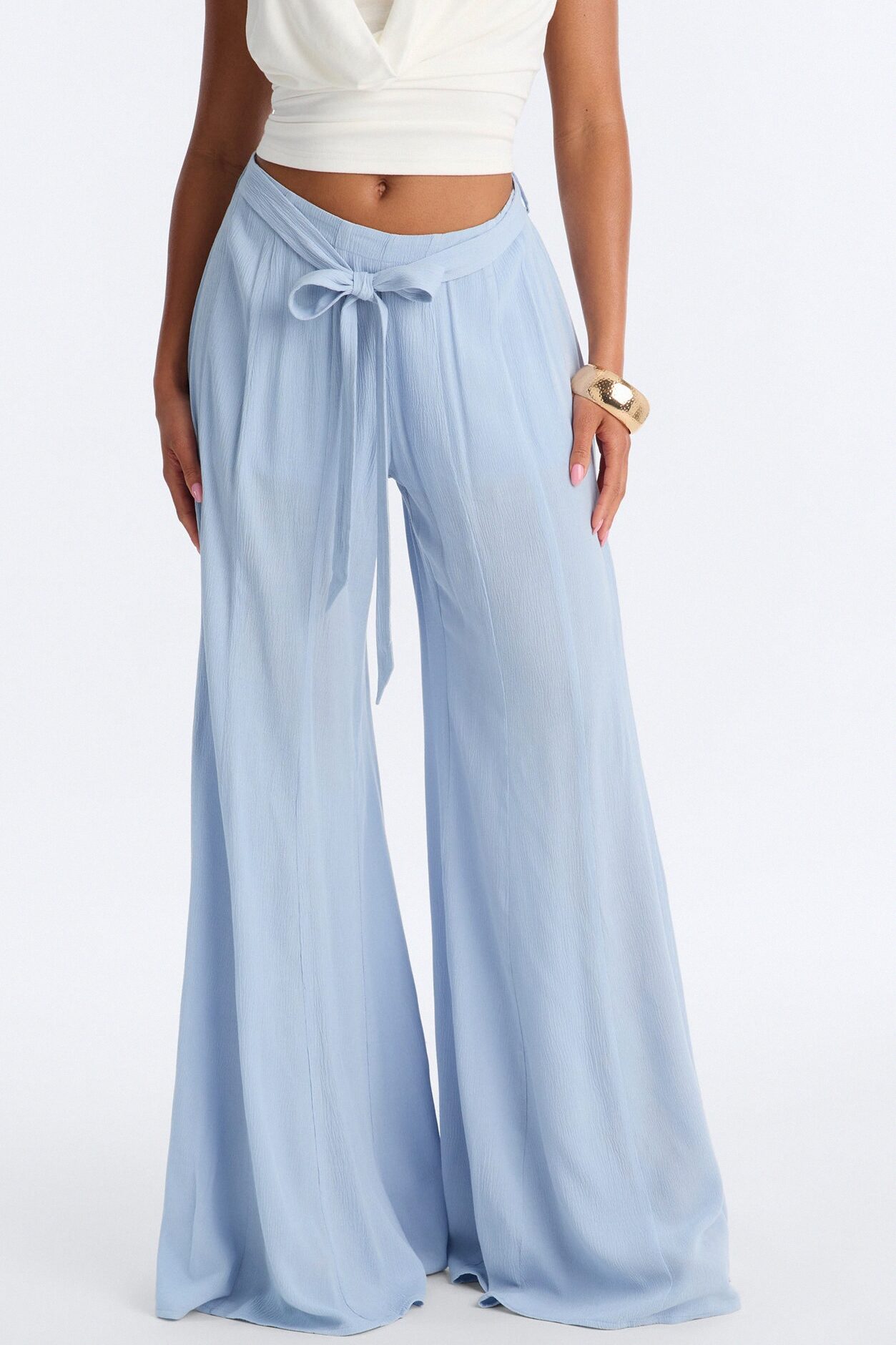 Kelsey Mid Rise Tie Waist Flowy Wide Leg Pant 34″ - Light Blue