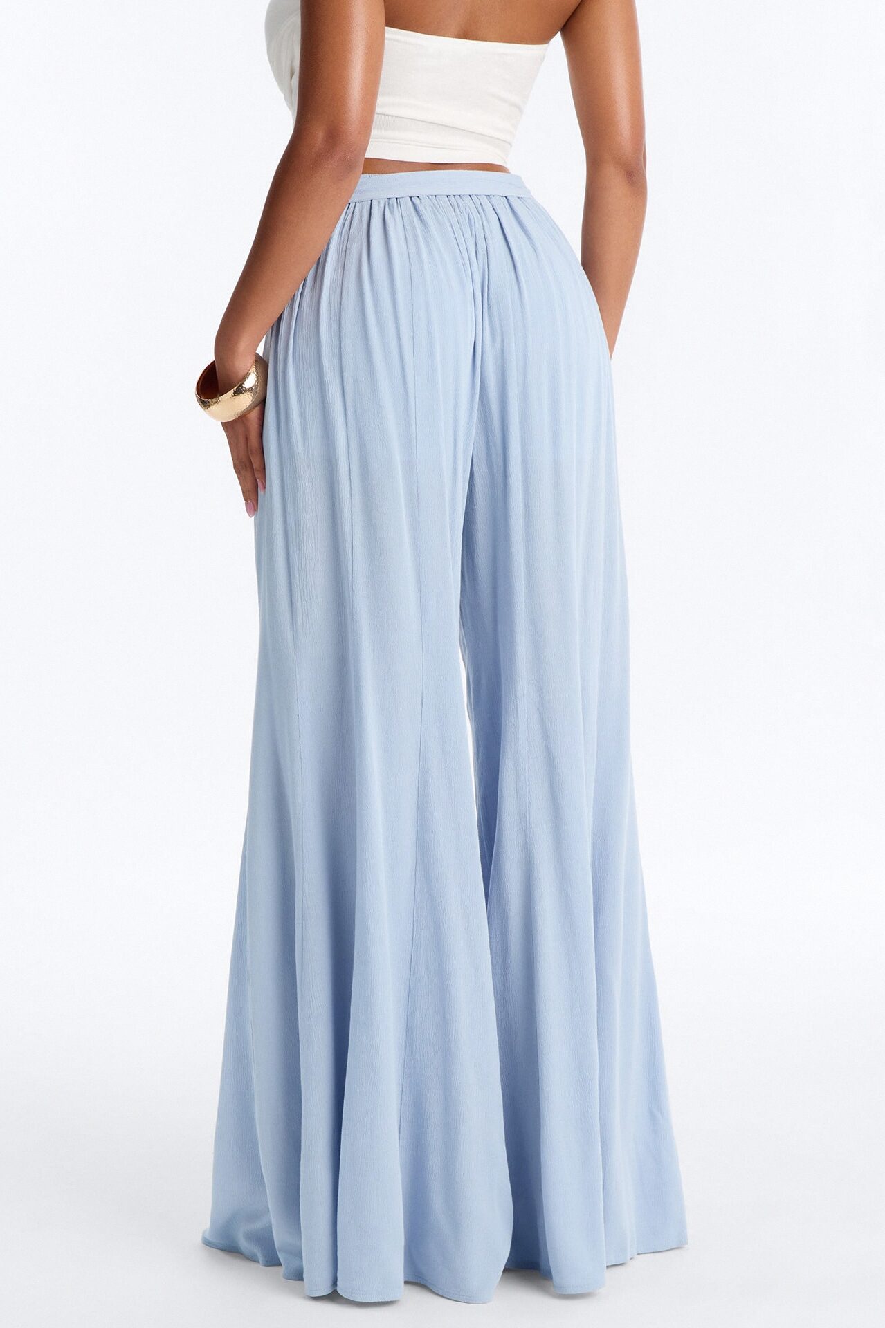 Kelsey Mid Rise Tie Waist Flowy Wide Leg Pant 34″ - Light Blue