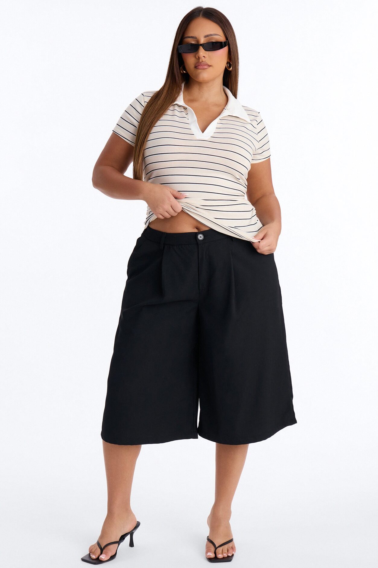 Leena Striped Short Sleeve Polo Top - Taupe/combo