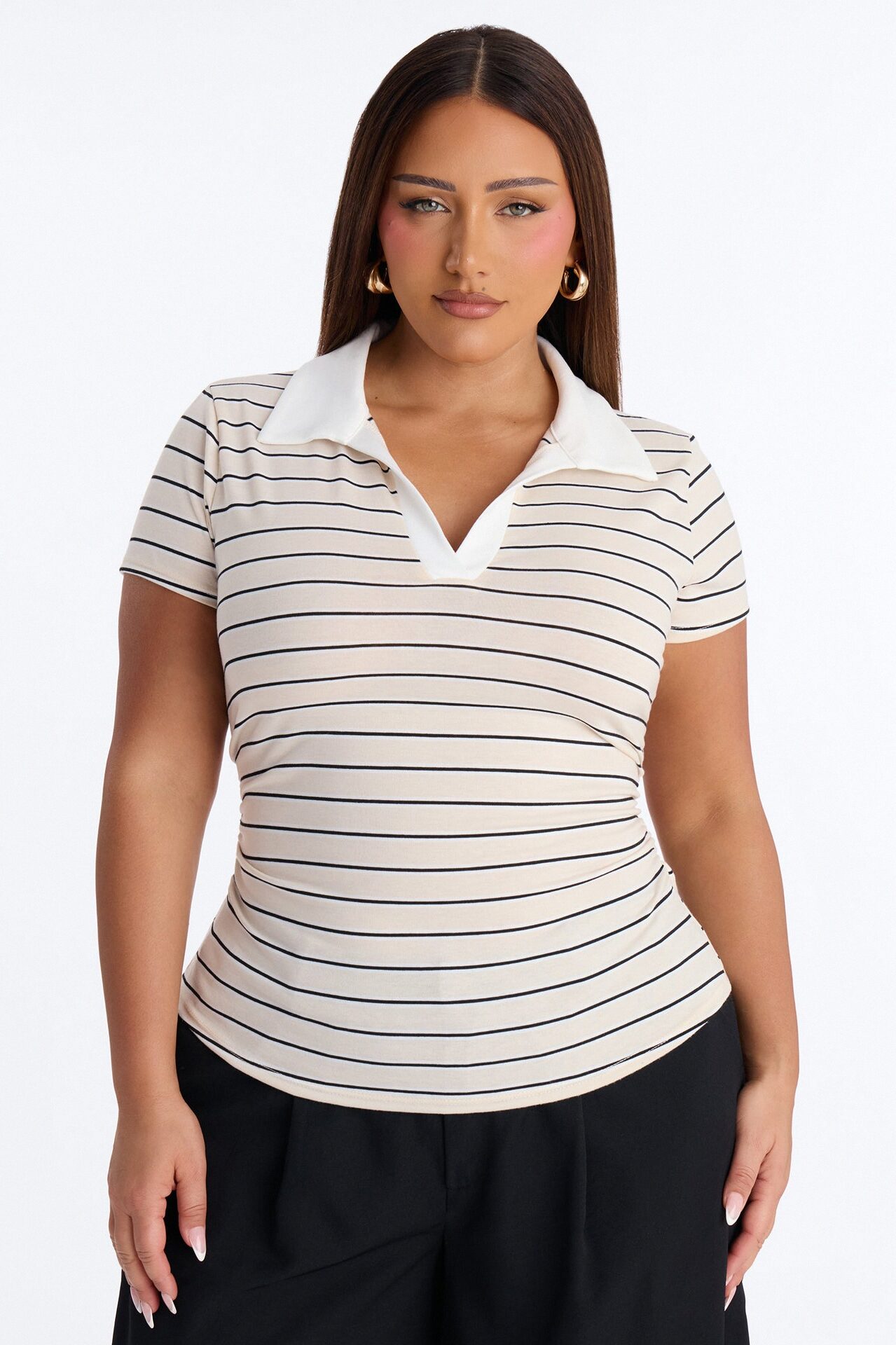 Leena Striped Short Sleeve Polo Top - Taupe/combo