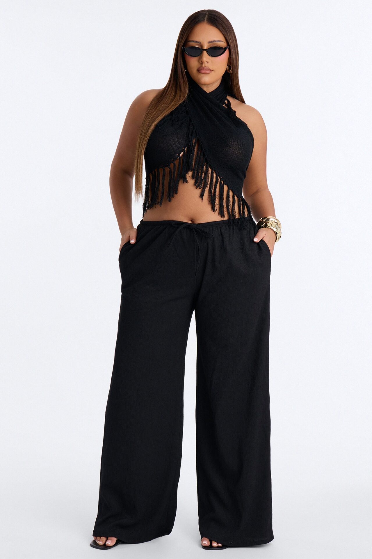Living On Sunshine Fringe Sweater Halter Top - Black