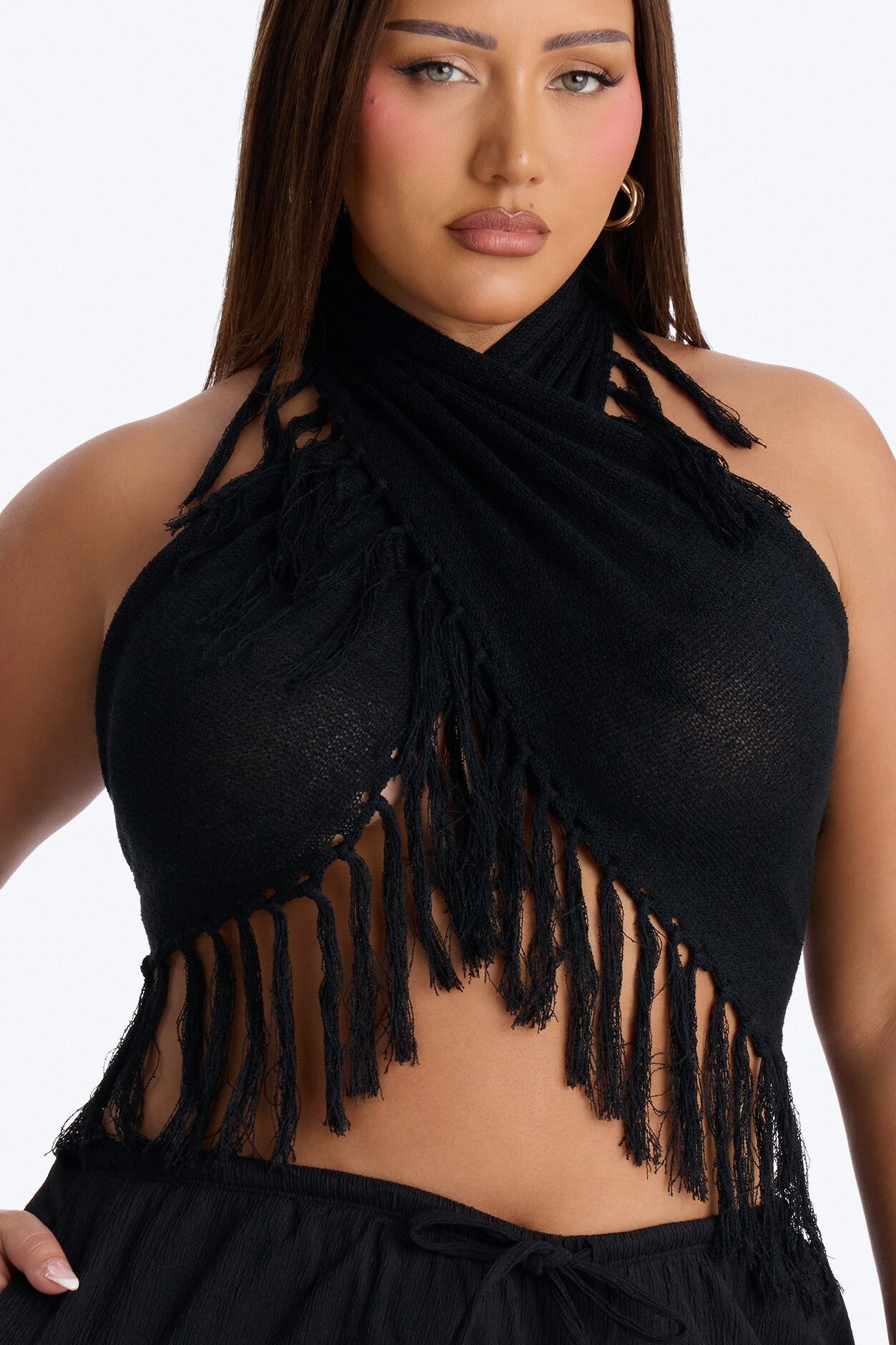 Living On Sunshine Fringe Sweater Halter Top - Black