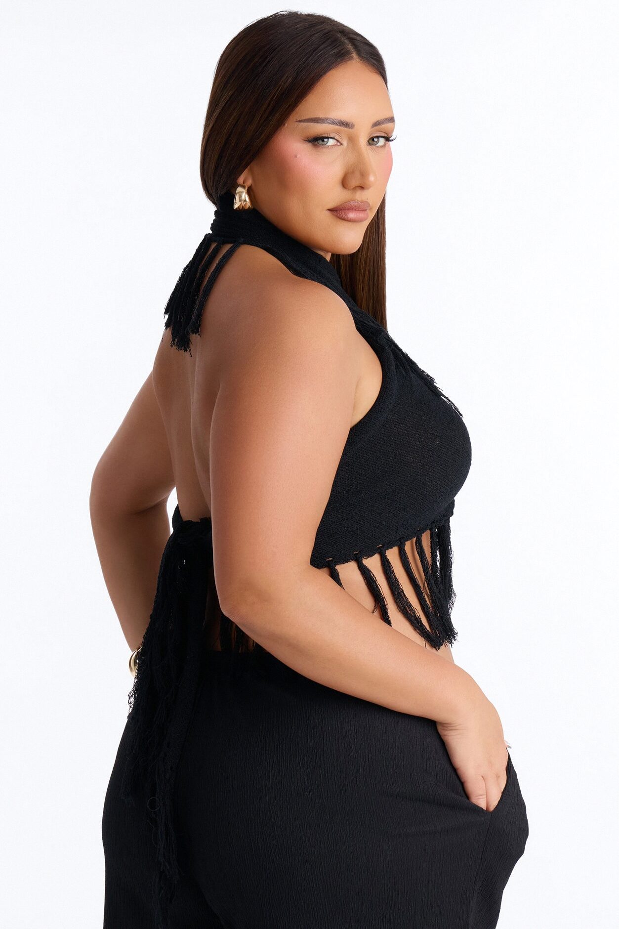 Living On Sunshine Fringe Sweater Halter Top - Black