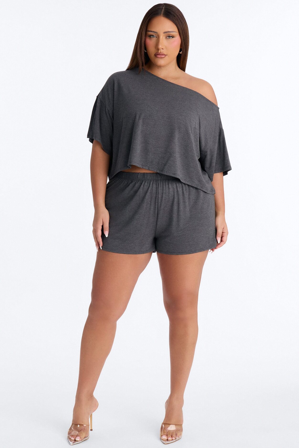 Bailey Off Shoulder Short Set - Charcoal