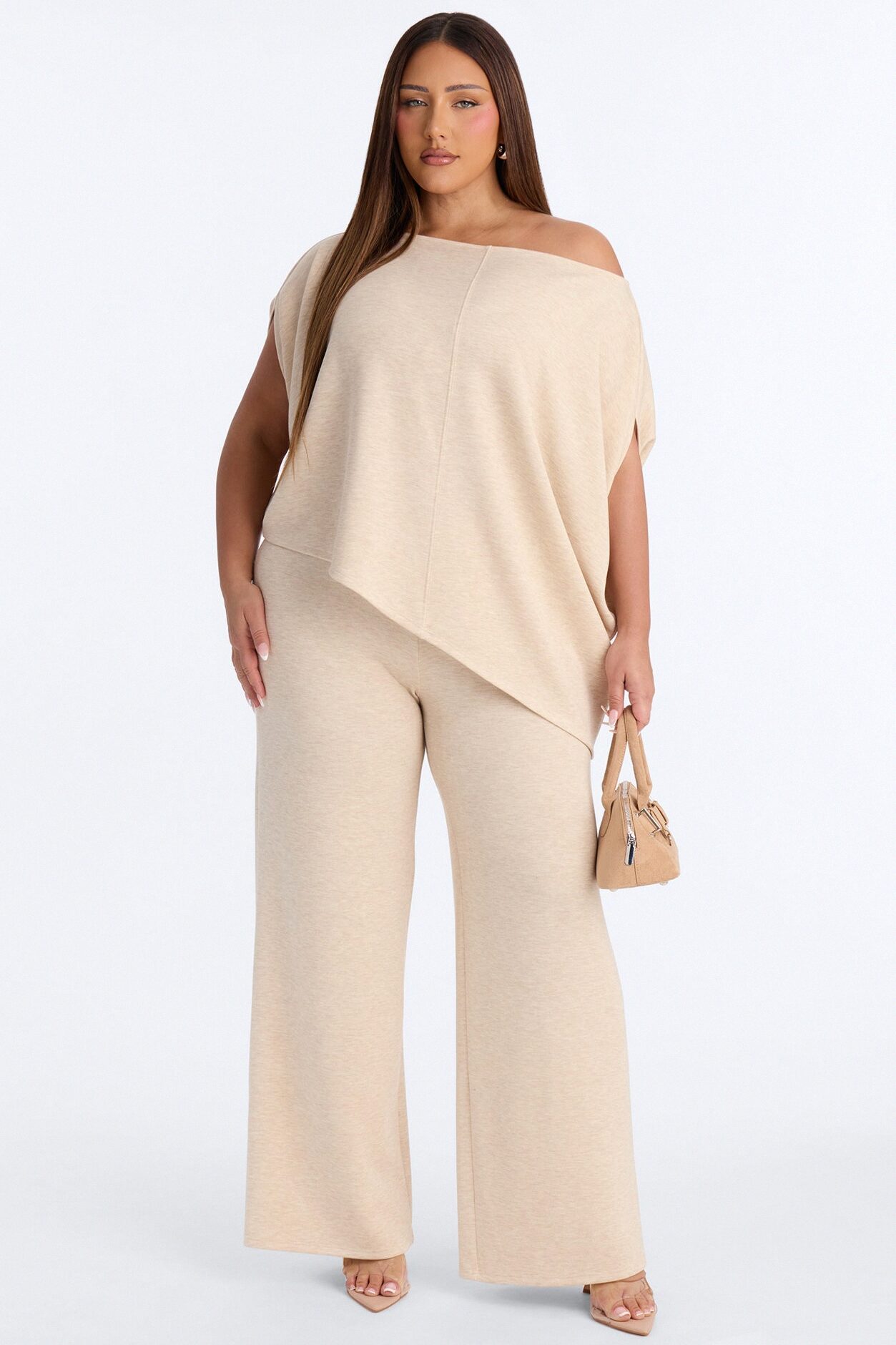 Alina One Shoulder Scuba Pant Set - Oatmeal