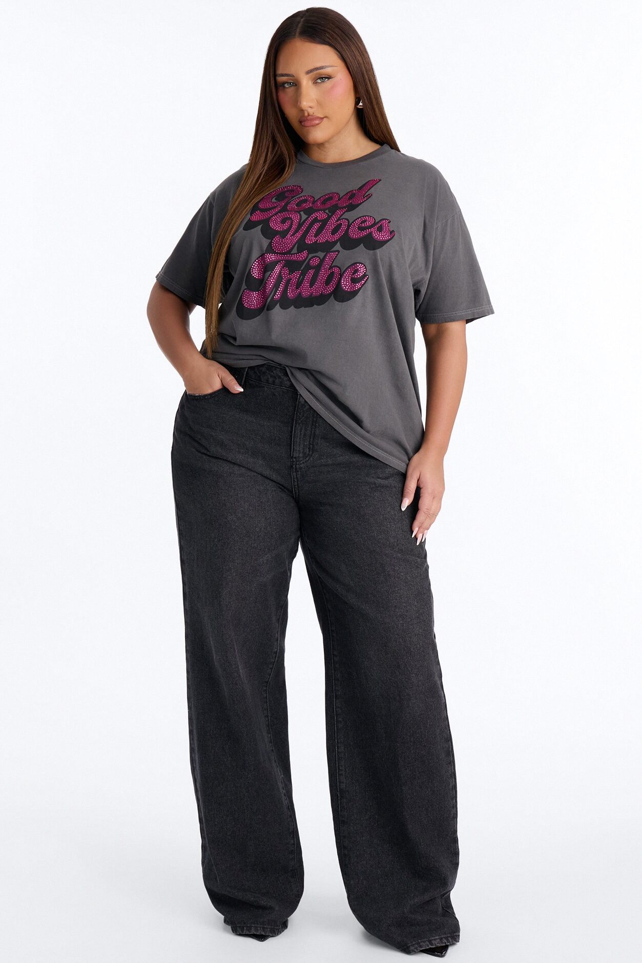 Good Vibes Tribe Washed Rhinestone Tshirt - Charcoal/combo