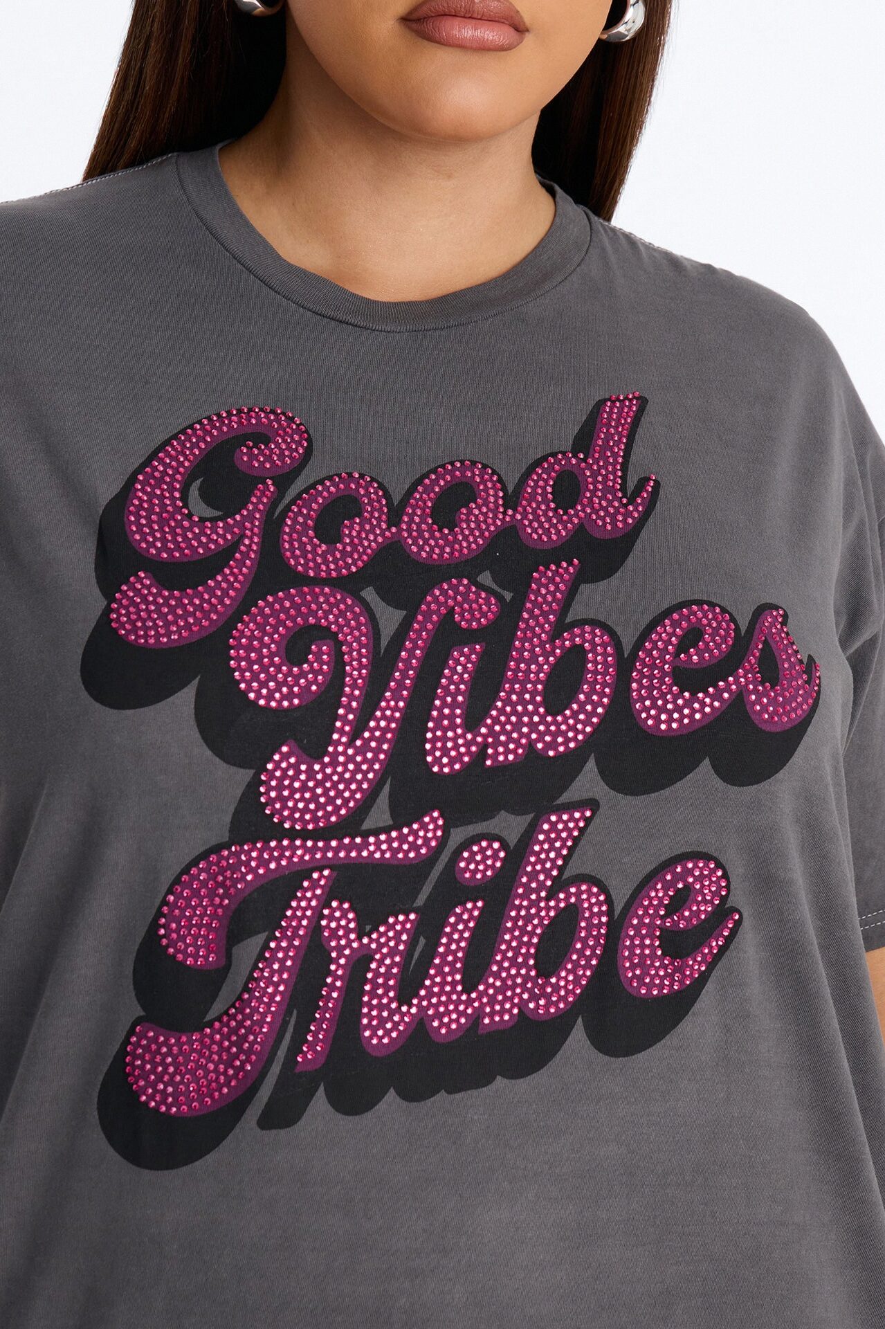 Good Vibes Tribe Washed Rhinestone Tshirt - Charcoal/combo