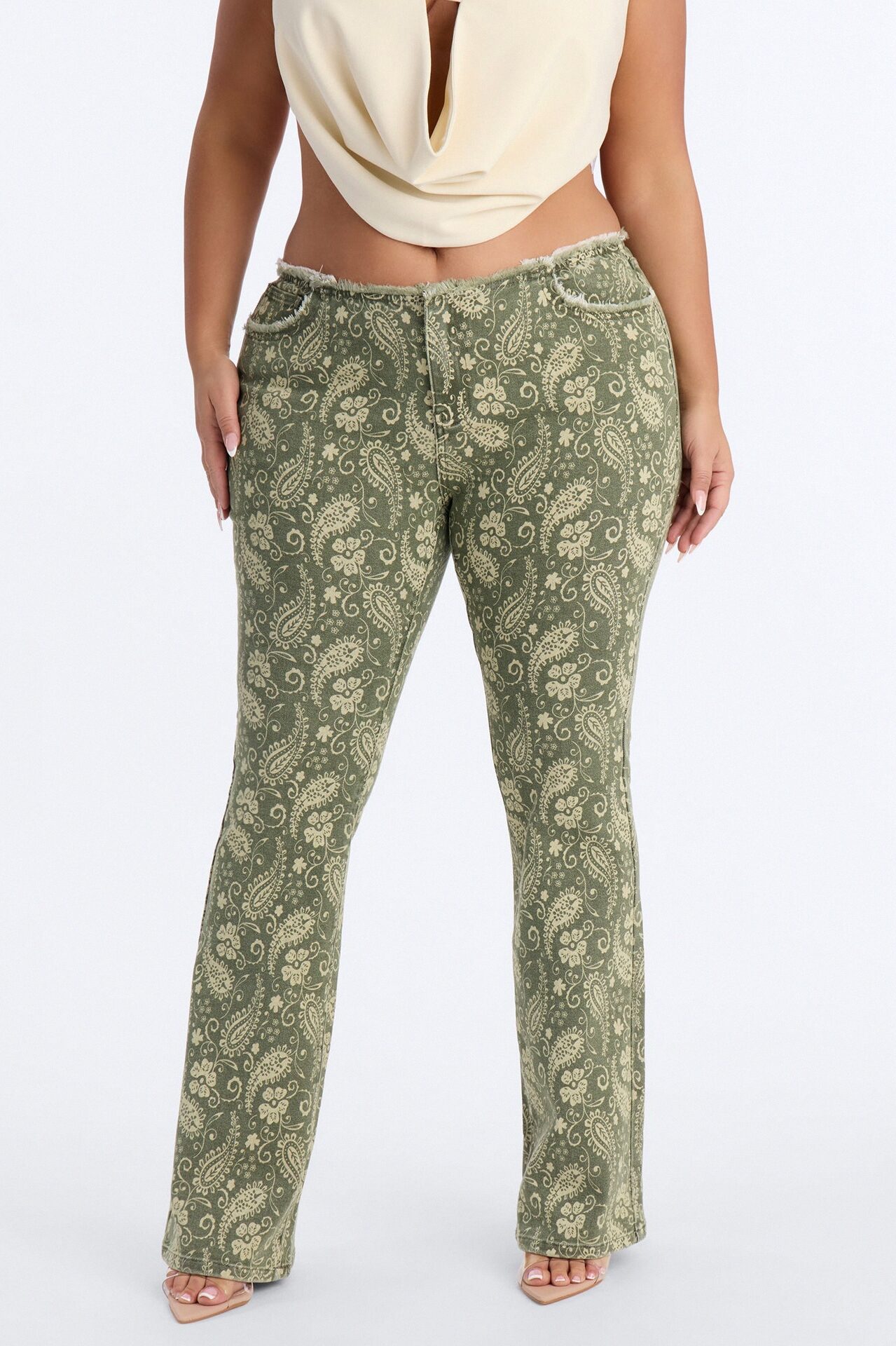 Lazy Paisley Low Rise Printed Jeans - Olive