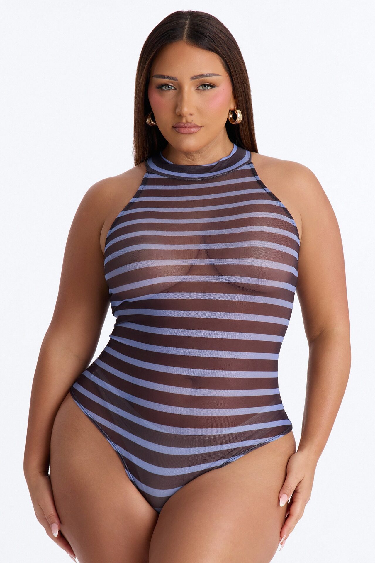 Zoe Striped Mock Neck Sleeveless Bodysuit - Blue/combo