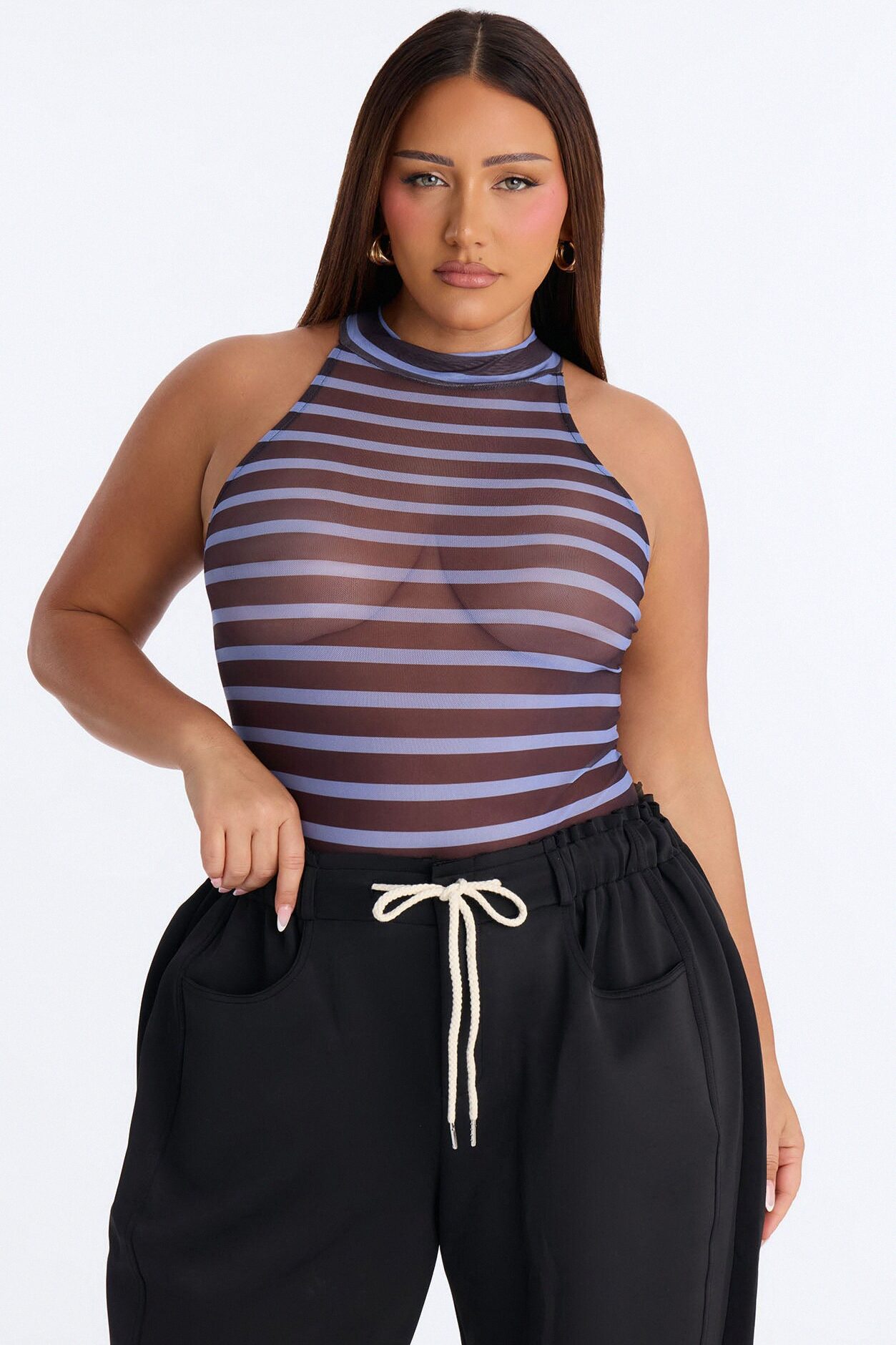 Zoe Striped Mock Neck Sleeveless Bodysuit - Blue/combo