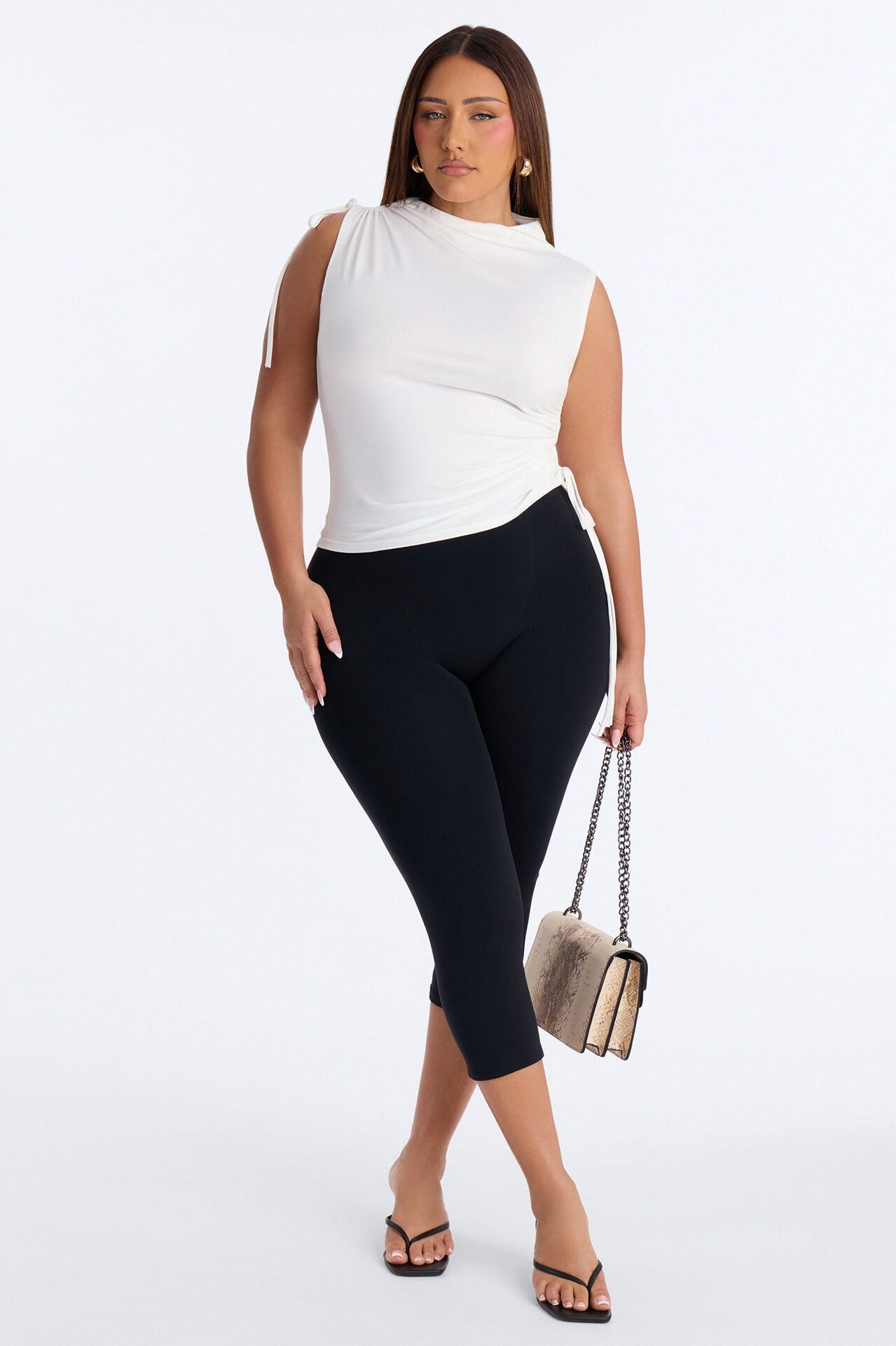 Devon Ruched Drawstring Mock Neck Top - White