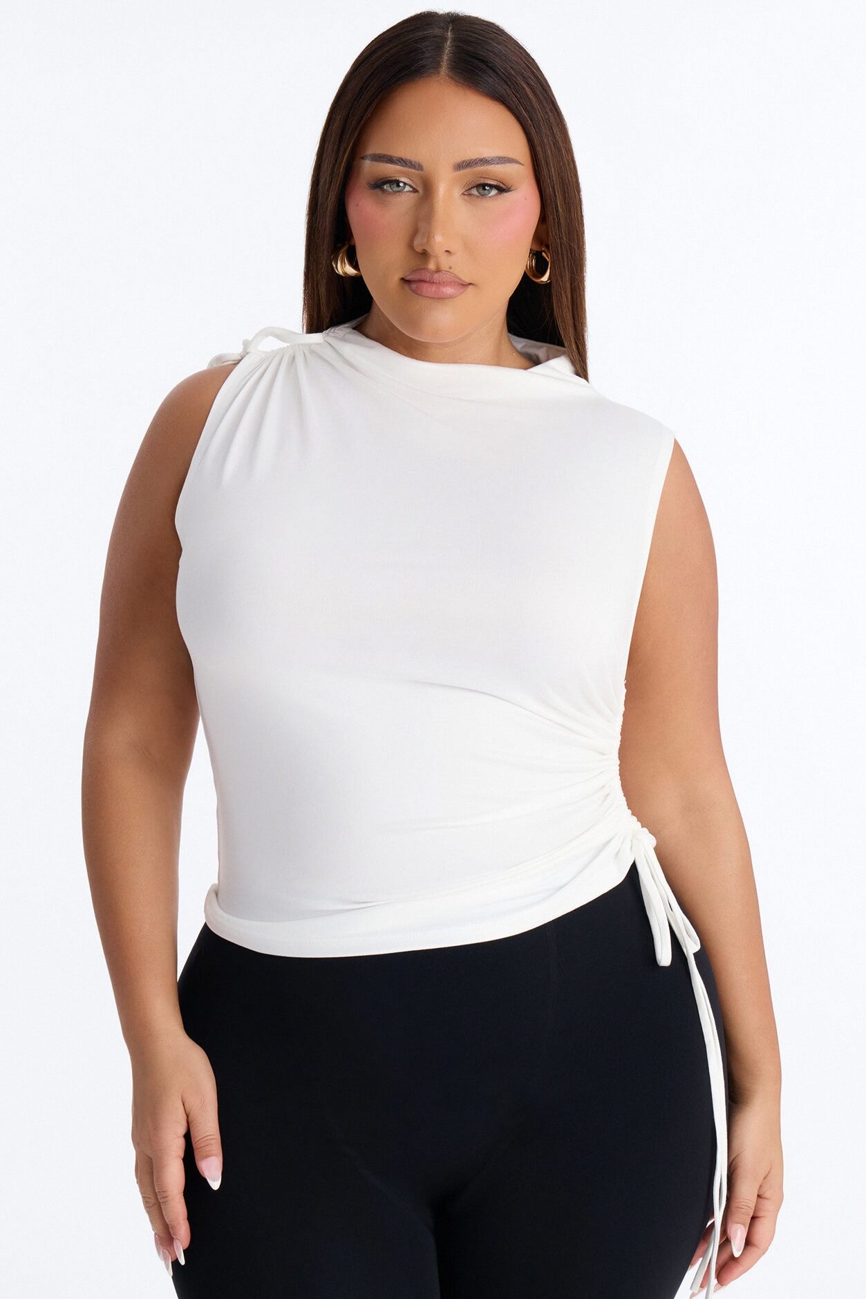 Devon Ruched Drawstring Mock Neck Top - White