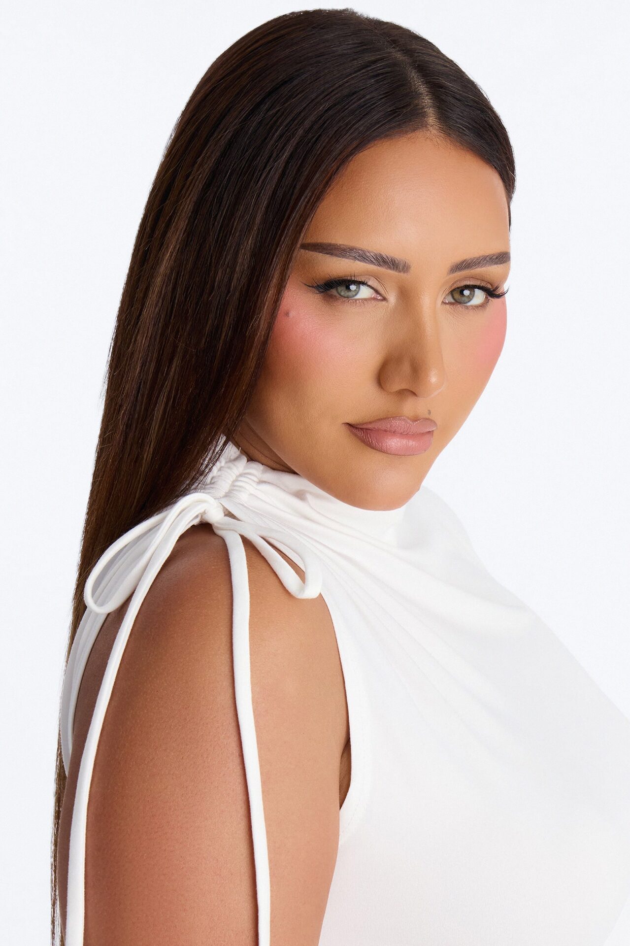 Devon Ruched Drawstring Mock Neck Top - White