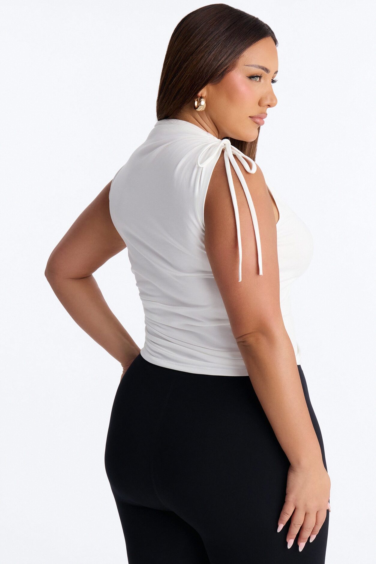 Devon Ruched Drawstring Mock Neck Top - White