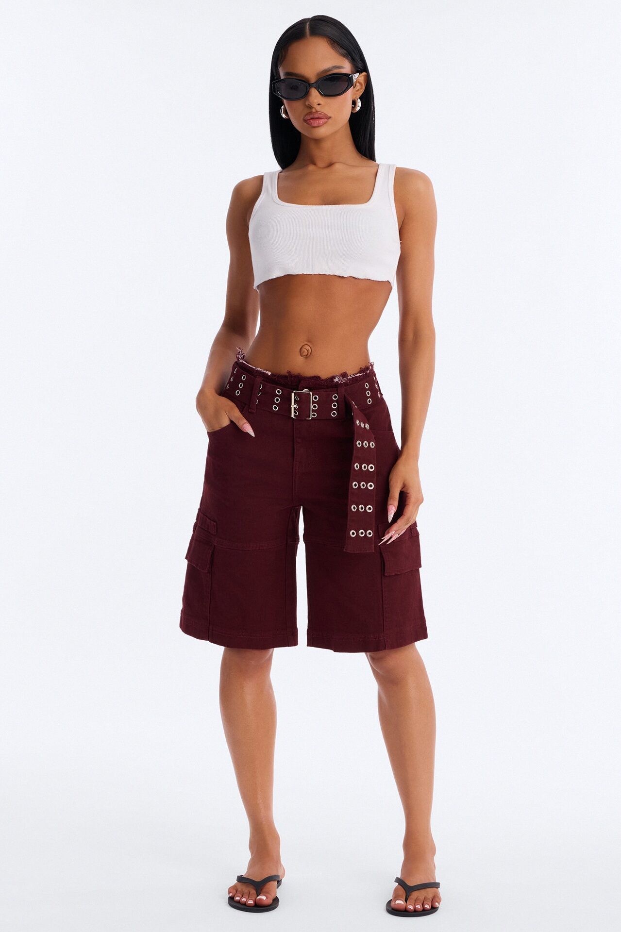 Valerie Cargo Cut Off Waistband Denim Shorts - Wine