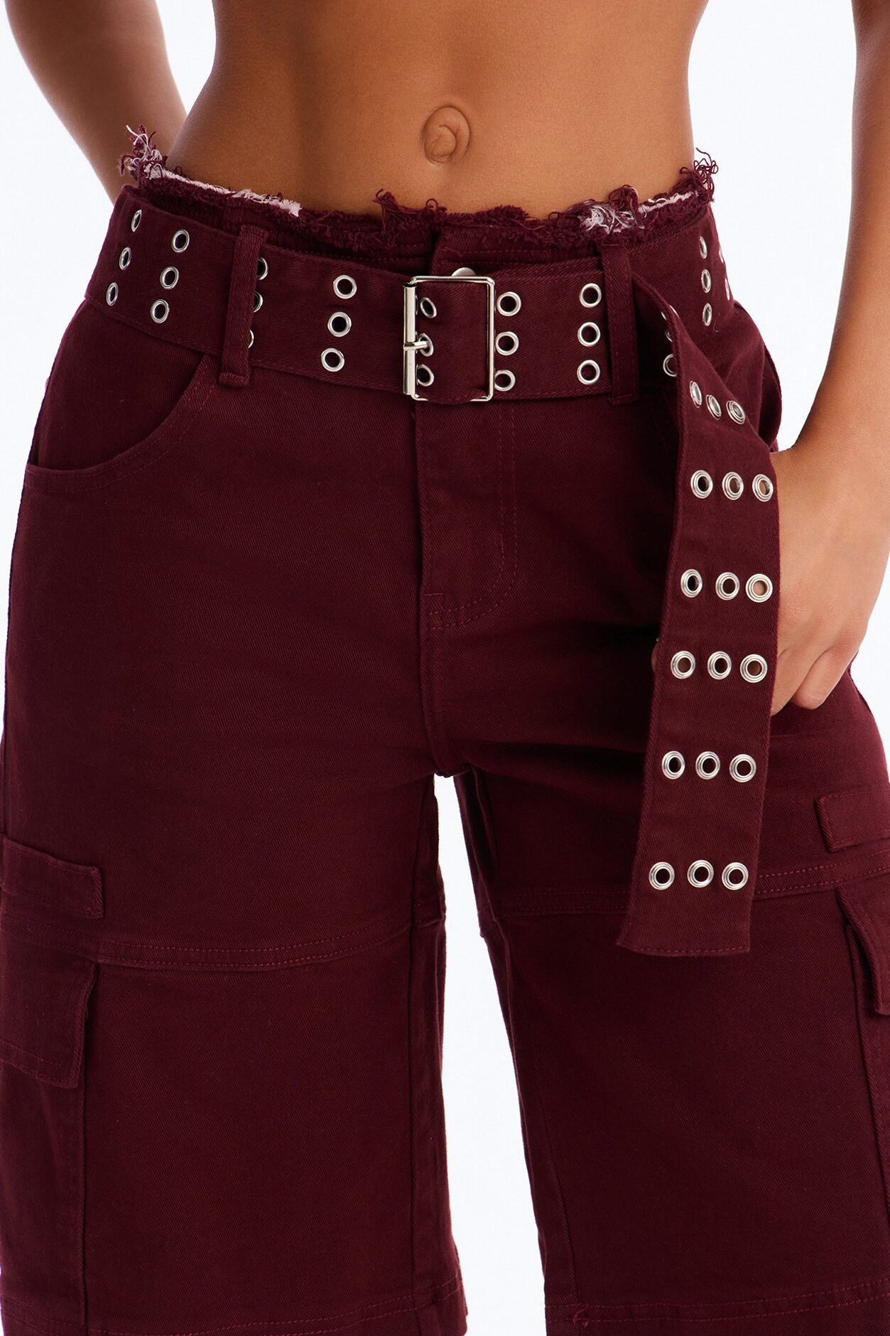 Valerie Cargo Cut Off Waistband Denim Shorts - Wine